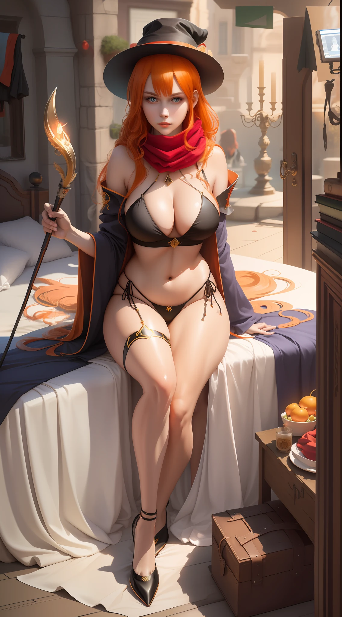 Magic hat, pointy hat, beauty, orange hair, wearing a red scarf around her neck
