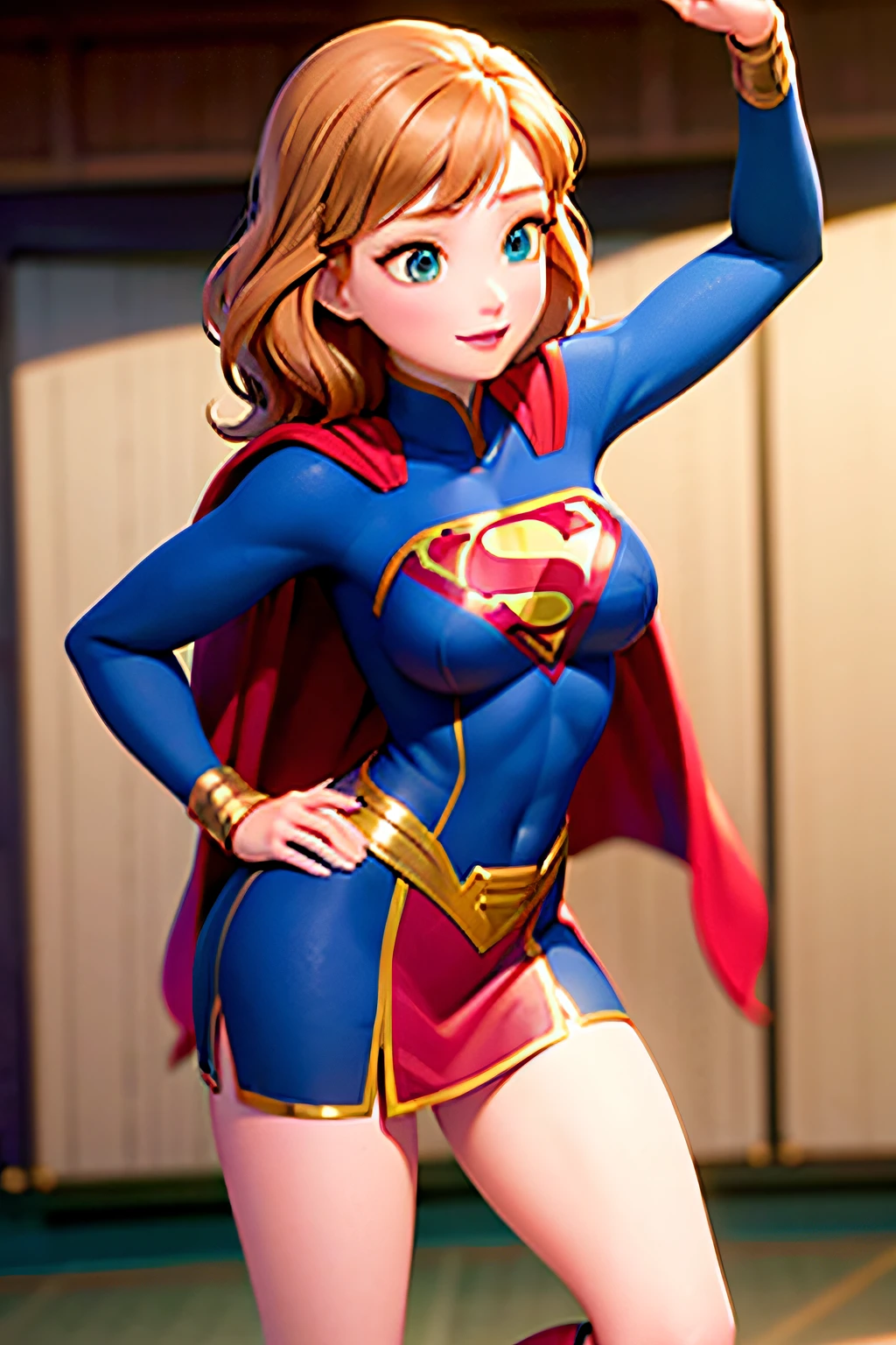 Photo of Anna of Arendelle in a supergirl costume, ginger hair, metropolis, super girl, super girl, full blue superman suit, supergirl, ginger hair