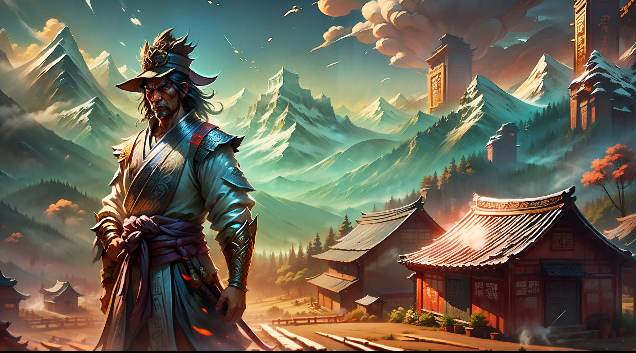 Create character to illustrate Taoist story of ancient wisdom. The character is a farmer, old, wise, face marked by time and hard work, the farmer is in front of his house on the farm, the scenery should portray ancient china, image with strong contrast, mountains in the background, mists to give an air of mystery and wisdom, very beautiful landscape