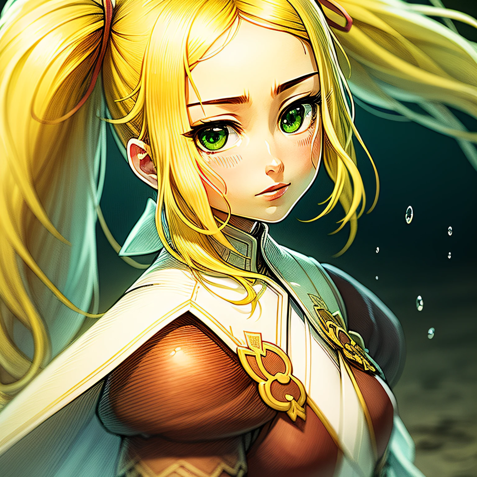 "(((masterpiece)))), best quality, ultra-detailed, extremely detailed CG wallpaper in 8k unit, best illustration, an extremely delicate and beautiful image, floating, high resolution, dynamic angle, dynamic pose, (1girl), green eyes, (yellow hair:1.3), white wuxia clothes, neck bow, beautiful face, many drops of water, clouds, twilight, general plan, watercolor."