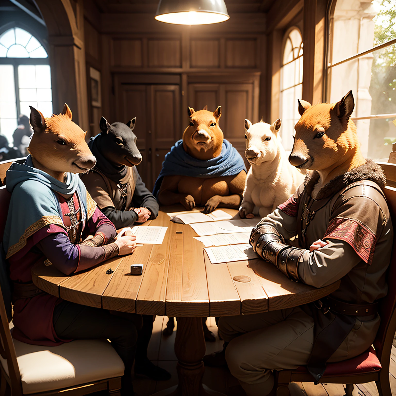 Several adventurous capybaras gathered together, adventurer outfits around a table for a meeting, medieval, D&D, magic, rpg, cartoon --auto