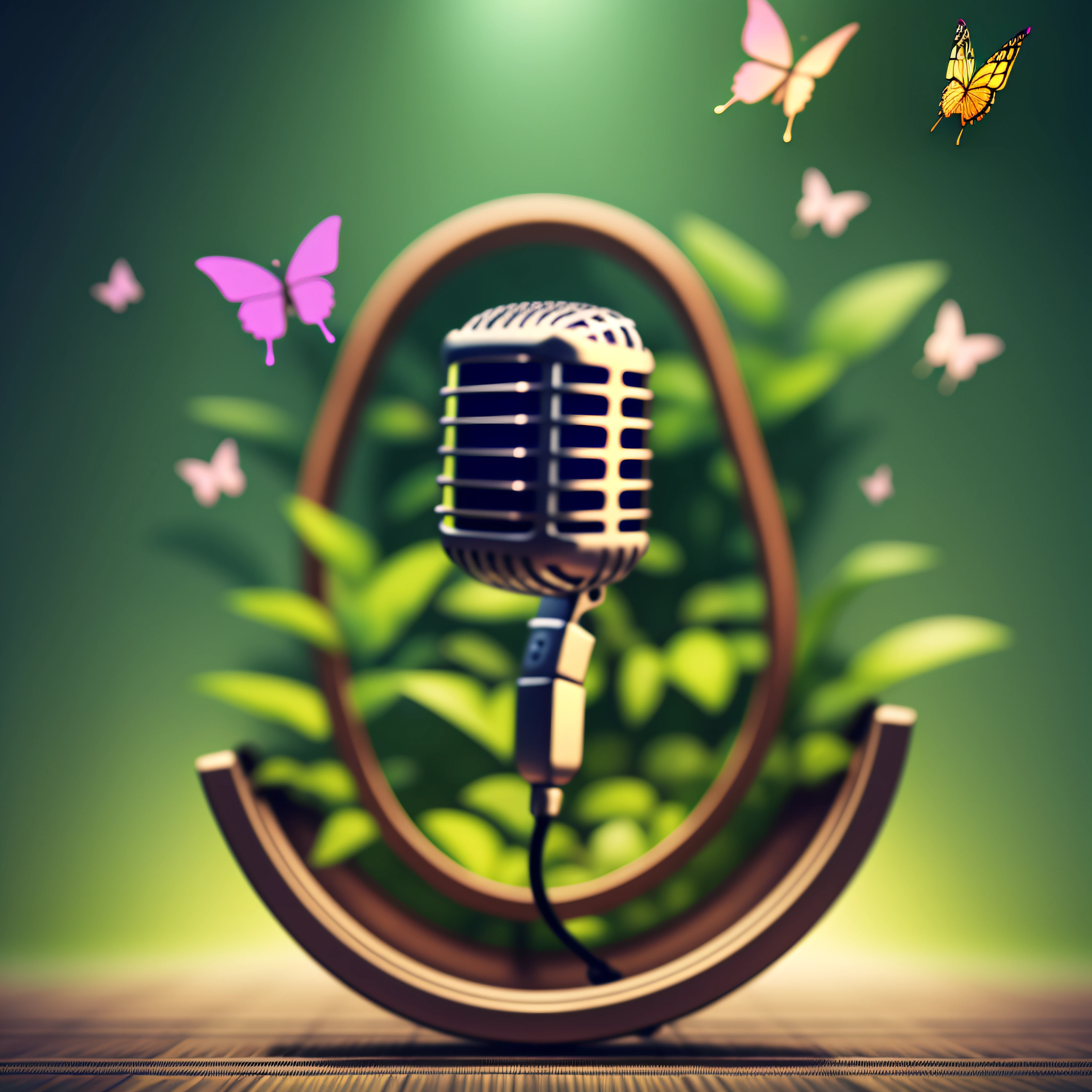 Poster ad microphone word "CANTO" background diffuse colors, realistic, intricate details, butterflies flying around, musical notes, vegetation floor, digital art, American propaganda poster, cinematic lighting, blurry foreground, f/1.8, high quality
