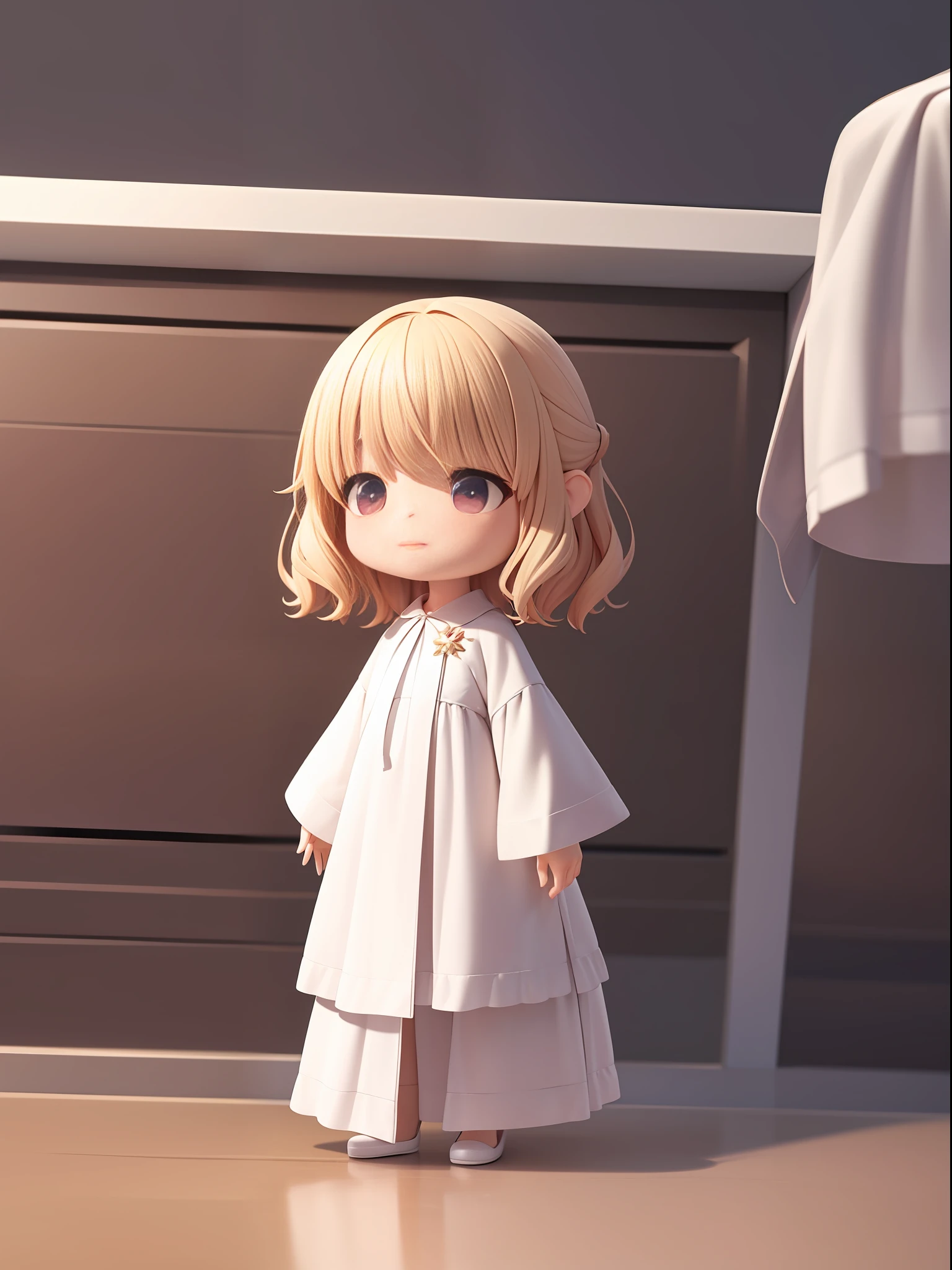 PopMart Blind Box IP, a close-up of a cute, white robe doll, young wanangel style, wearing long and fluent clothes, wlop style, pocelain doll, little people; Unreal Engine 5, Lite 3D/C4D production: 8K HD quality/lighting/ultra-detailed lens depiction 1.5, flawless, chibi background/cinematic.