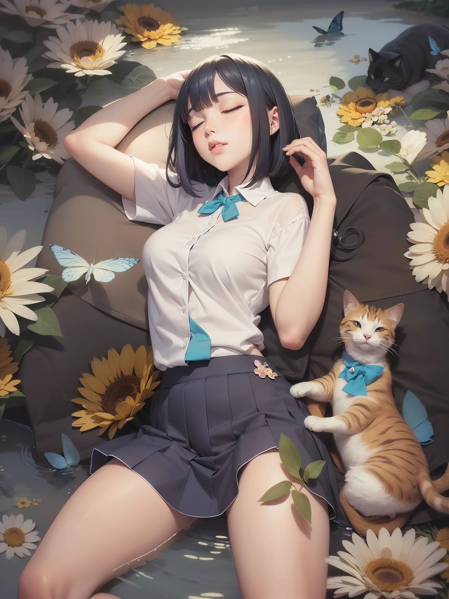 Adjusting lines and colors, illustration of pale shades of pencil and ink, woman sleeping with cat, carp swimming in the back, butterflies fluttering, anime style illustration, uniform, white shirt, blue ribbon, blue skirt, dark blue hair, white skin, sleeping, bob cut, flowers withering, background becomes lake