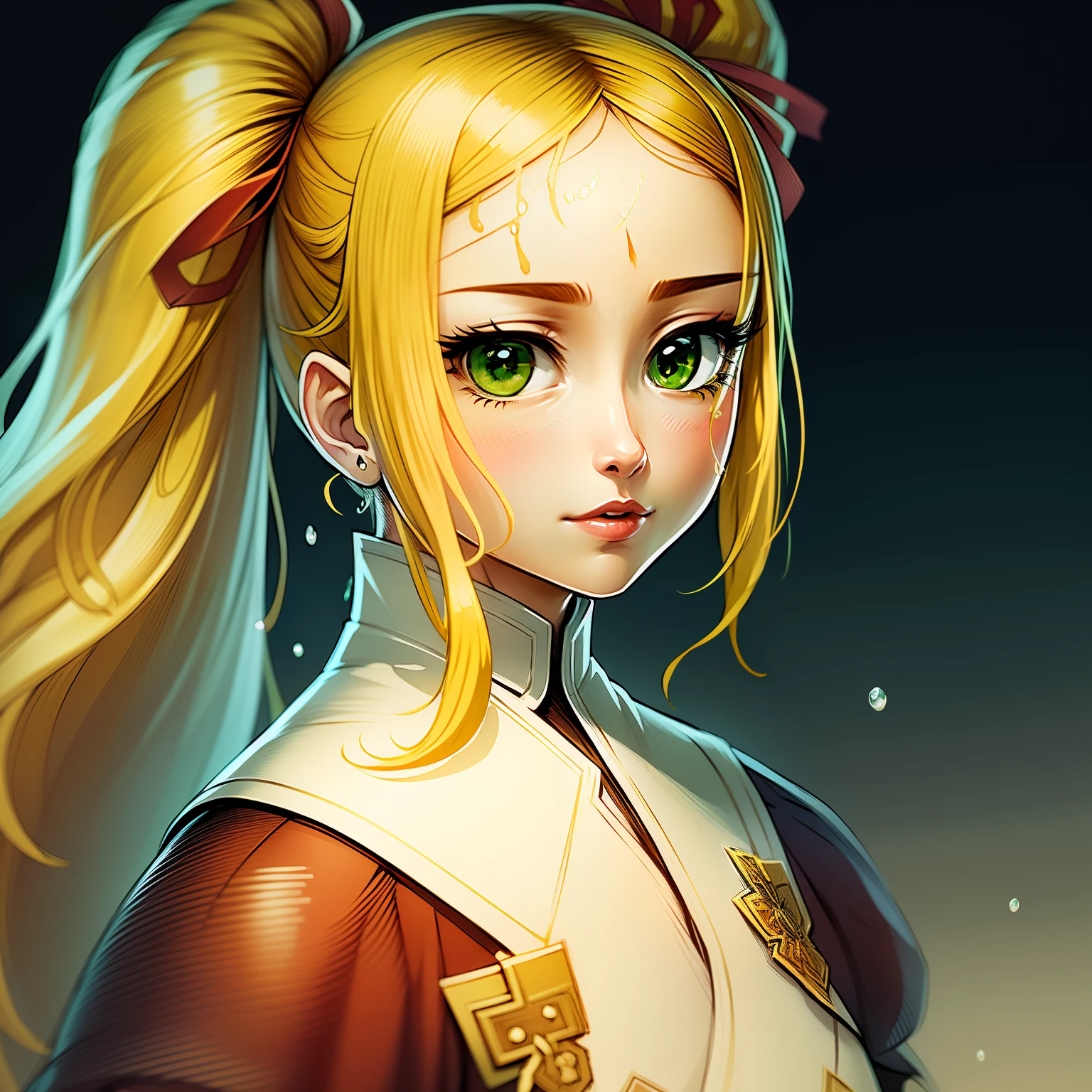 "(((masterpiece)))), best quality, ultra-detailed, extremely detailed CG wallpaper in 8k unit, best illustration, an extremely delicate and beautiful image, floating, high resolution, dynamic angle, dynamic pose, (1girl), green eyes, (yellow hair:1.3), white wuxia clothes, neck bow, beautiful face, many drops of water, clouds, twilight, general plan, watercolor."