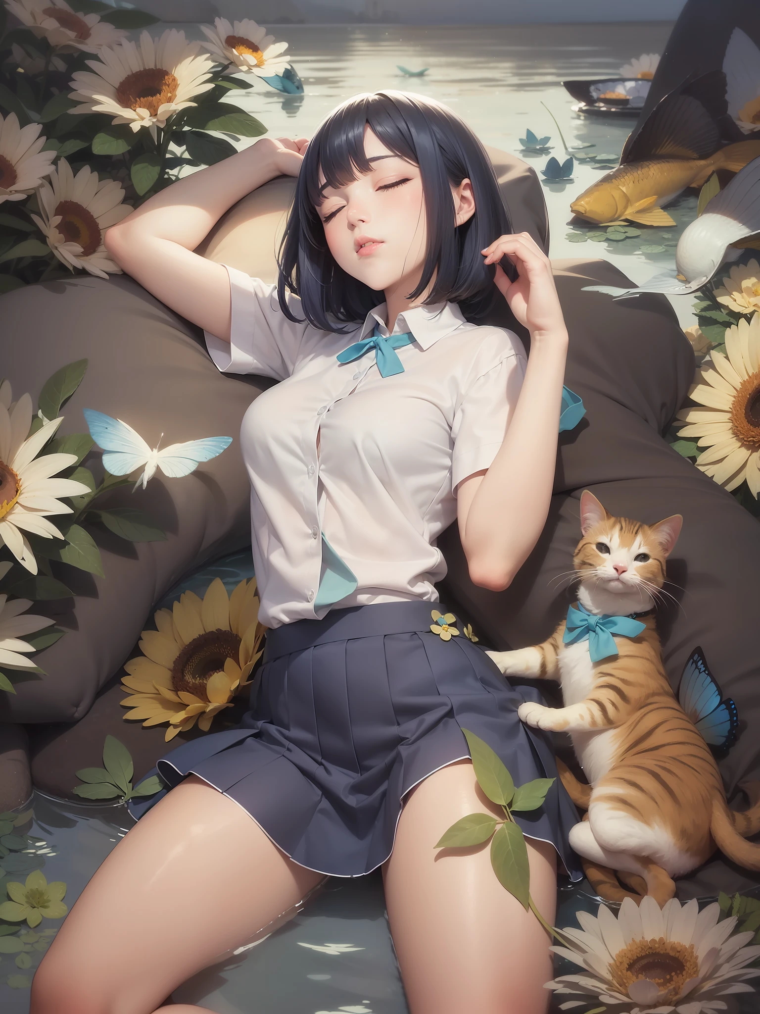 Adjusting lines and colors, illustration of pale shades of pencil and ink, woman sleeping with cat, carp swimming in the back, butterflies fluttering, anime style illustration, uniform, white shirt, blue ribbon, blue skirt, dark blue hair, white skin, sleeping, bob cut, flowers withering, background becomes lake