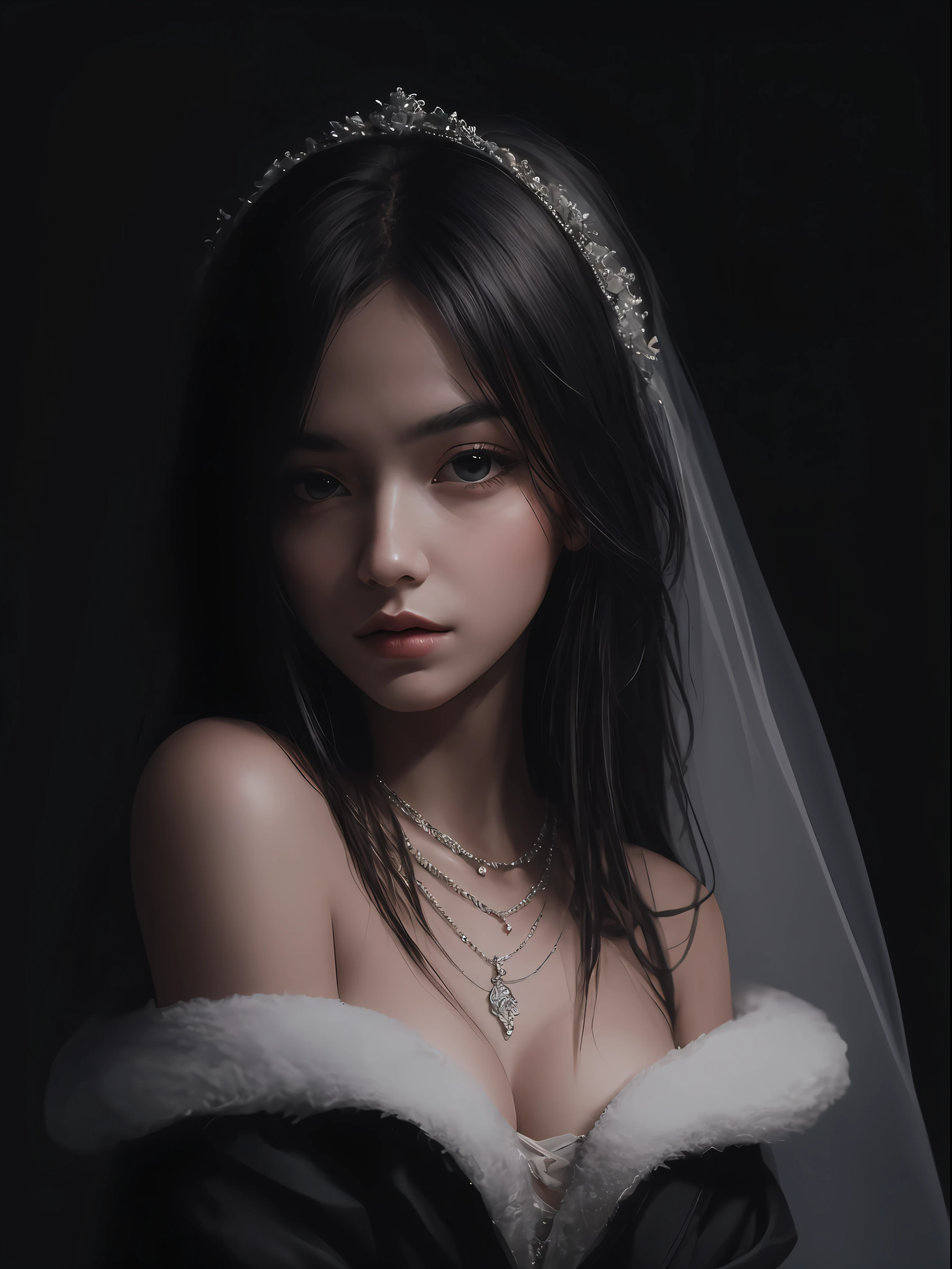 A breathtaking and visually stunning photograph of a girl in an off-shoulder outfit, illuminated by a cold and low-key light in a dark setting. The image captures the essence of sensuality as the girl exudes a sexy look with disheveled hair. She is adorned with a delicate veil and a necklace, adding an air of elegance to the composition. The photograph is of the highest quality, a masterpiece in its own right. The resolution is ultra-high, allowing for intricate details and realism. The final image has a photorealistic touch with a slight artistic flair, emphasizing the girl's beauty and allure.