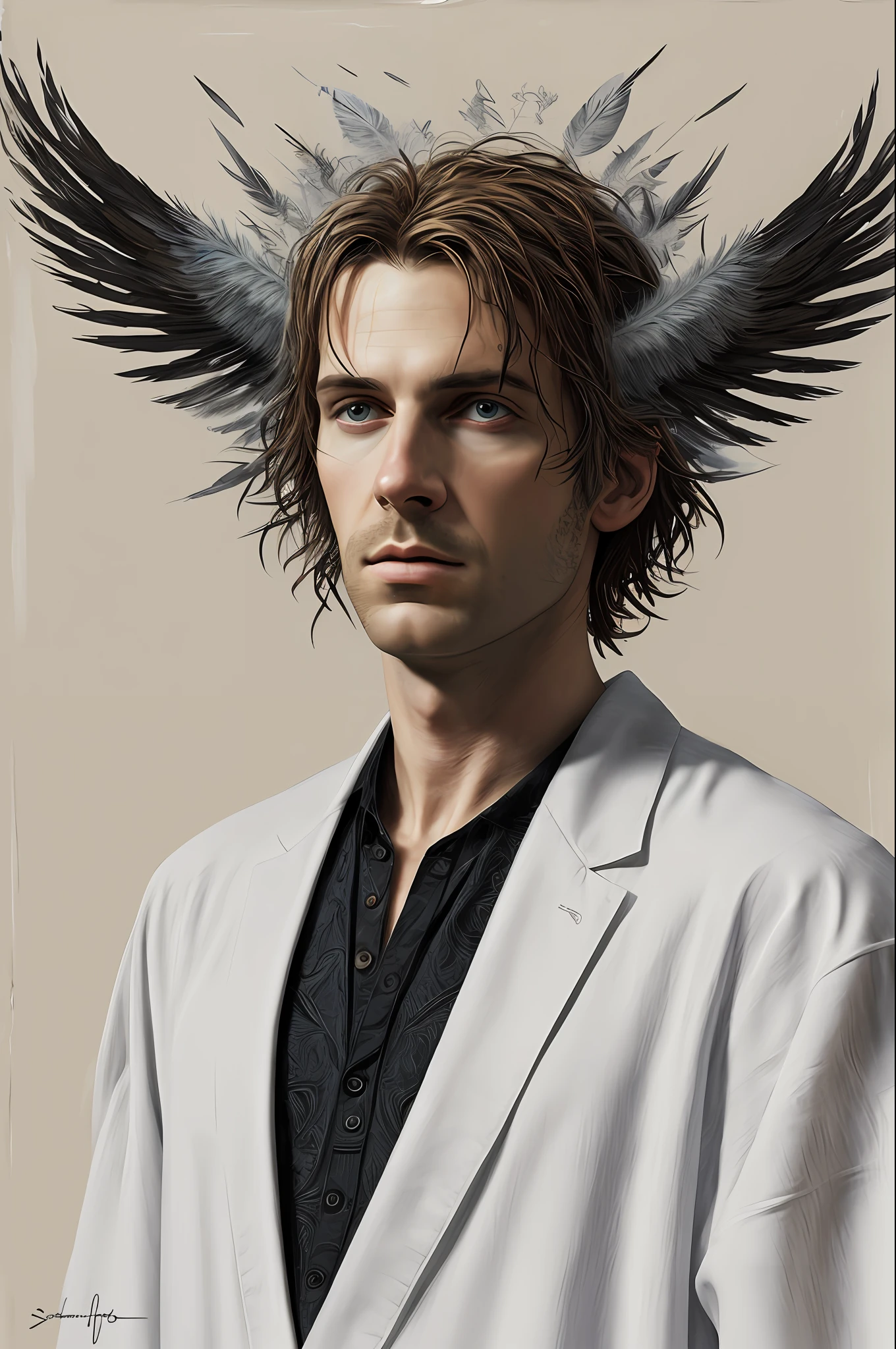 An intriguing artwork depicting an assassin donned in a white robe. The atmosphere is oppressive and brooding, reflecting the assassin's clandestine nature. Feathers are intricately incorporated, symbolizing their swift and deadly precision. The composition focuses on the assassin's presence and the ethereal quality of the white robe. This artwork is rendered in a mixed media style, blending traditional painting techniques with digital elements to create a visually striking image.