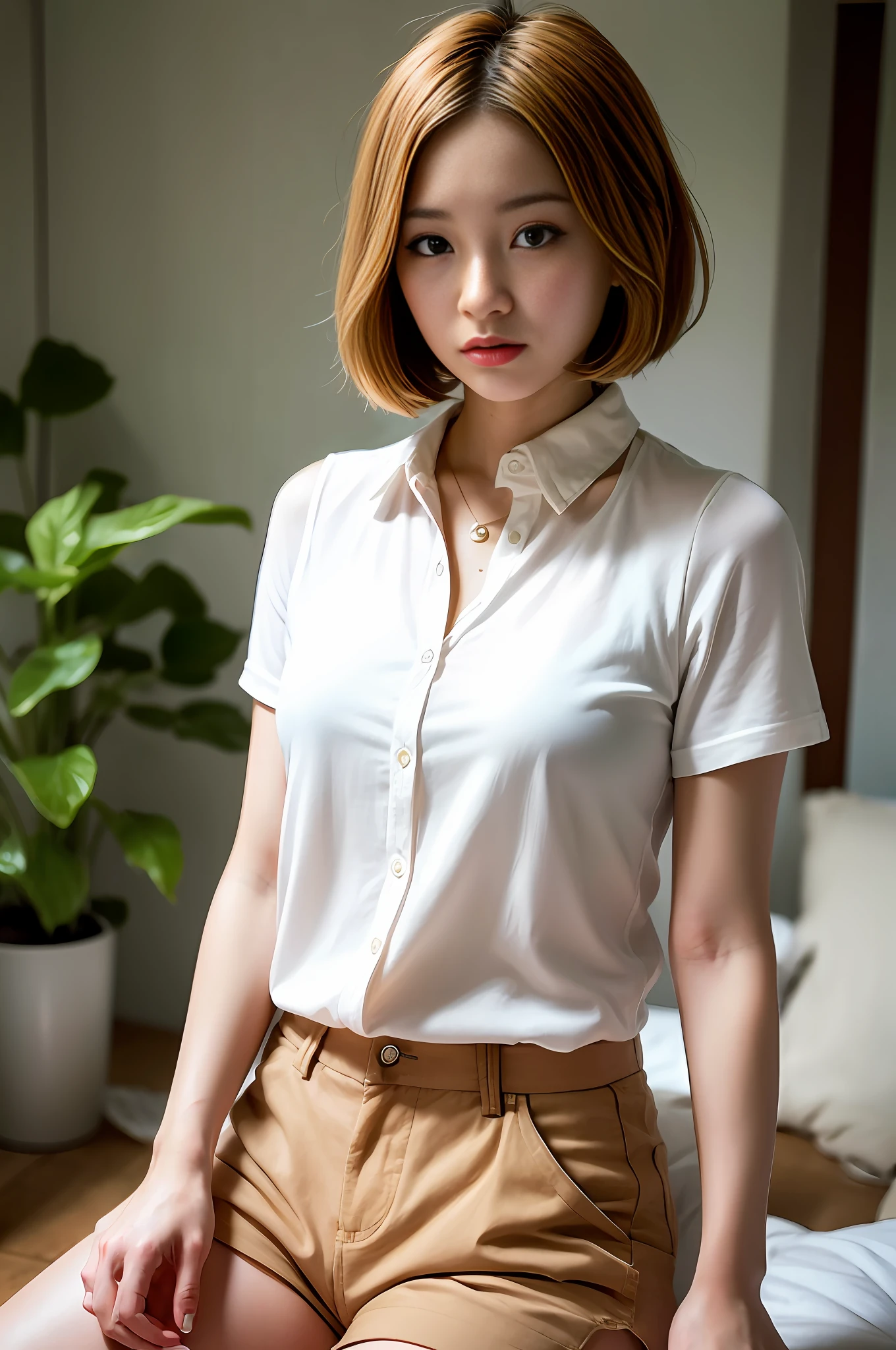 Stylish collared shirt, shorts, bob hair, blonde hair