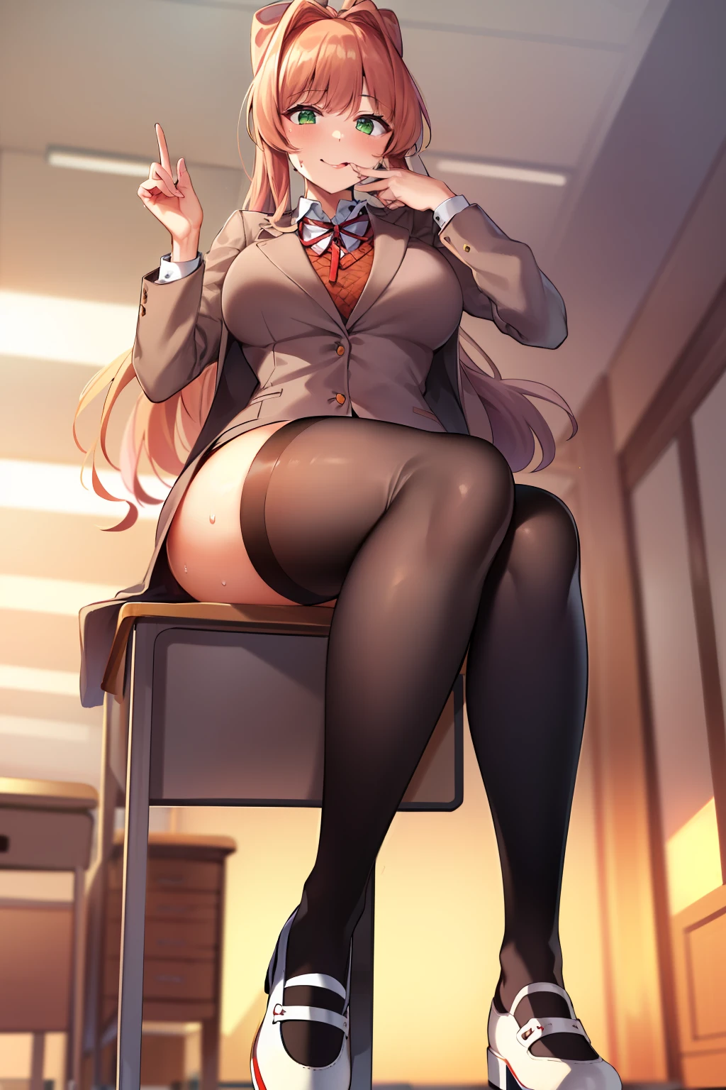 2d, masterpiece, best quality, anime, highly detailed, 1girl, solo, monika, green eyes, very long hair, ponytail, school uniform, straight-on, smile, (full body:1.5), giantess, smile, (from below:1.5), thick thighs, looking down at viewer, upskirt, (large breasts:1.3), field, (looming:1.3), mature female, high quality, hd quality, masterpiece, photorealistic, (presenting foot, shoe soles, close-up foot:1.3), intense angle, :d, (sitting on desk:1.6), very low angle, female pervert, toragao, (sitting:1.5), (white undershirt, orange sweater:1.2), (brown jacket:1.4), (absolute territory, black thighhighs:1.4), (uwabaki:1.5), full body in frame, (classroom, indoors:1.3), clasroom desk, blue skirt, (hand on desk:2), (one hand at side:1.6), (licking lips, licking own lips:1.1), (sweat:1.2),