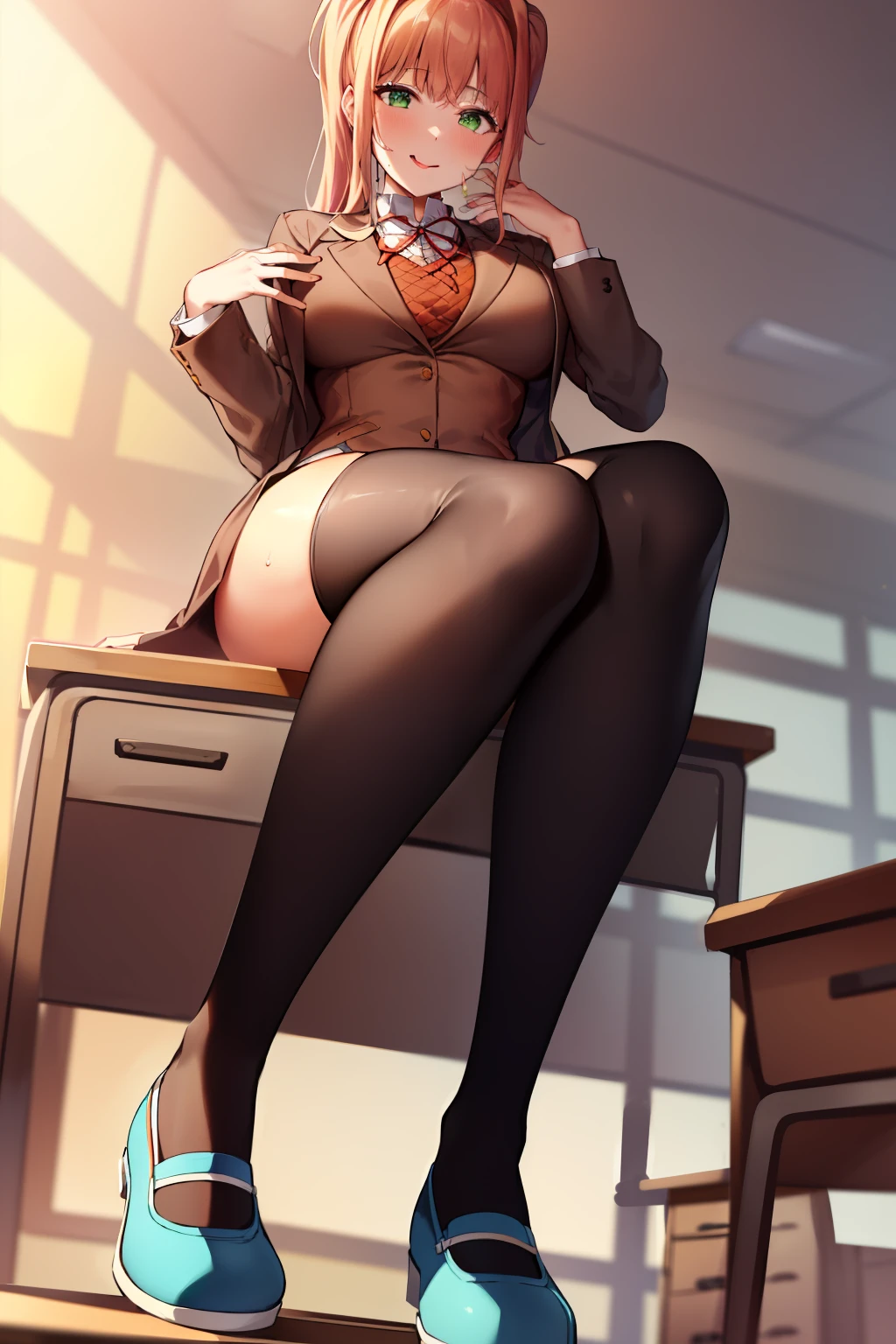 2d, masterpiece, best quality, anime, highly detailed, 1girl, solo, monika, green eyes, very long hair, ponytail, school uniform, straight-on, smile, (full body:1.5), giantess, smile, (from below:1.5), thick thighs, looking down at viewer, upskirt, (large breasts:1.3), field, (looming:1.3), mature female, high quality, hd quality, masterpiece, photorealistic, (presenting foot, shoe soles, close-up foot:1.3), intense angle, :d, (sitting on desk:1.6), very low angle, female pervert, toragao, (sitting:1.5), (white undershirt, orange sweater:1.2), (brown jacket:1.4), (absolute territory, black thighhighs:1.4), (uwabaki:1.5), full body in frame, (classroom, indoors:1.3), clasroom desk, blue skirt, (hand on desk:2), (one hand at side:1.6), (licking lips, licking own lips:1.1), (sweat:1.2),