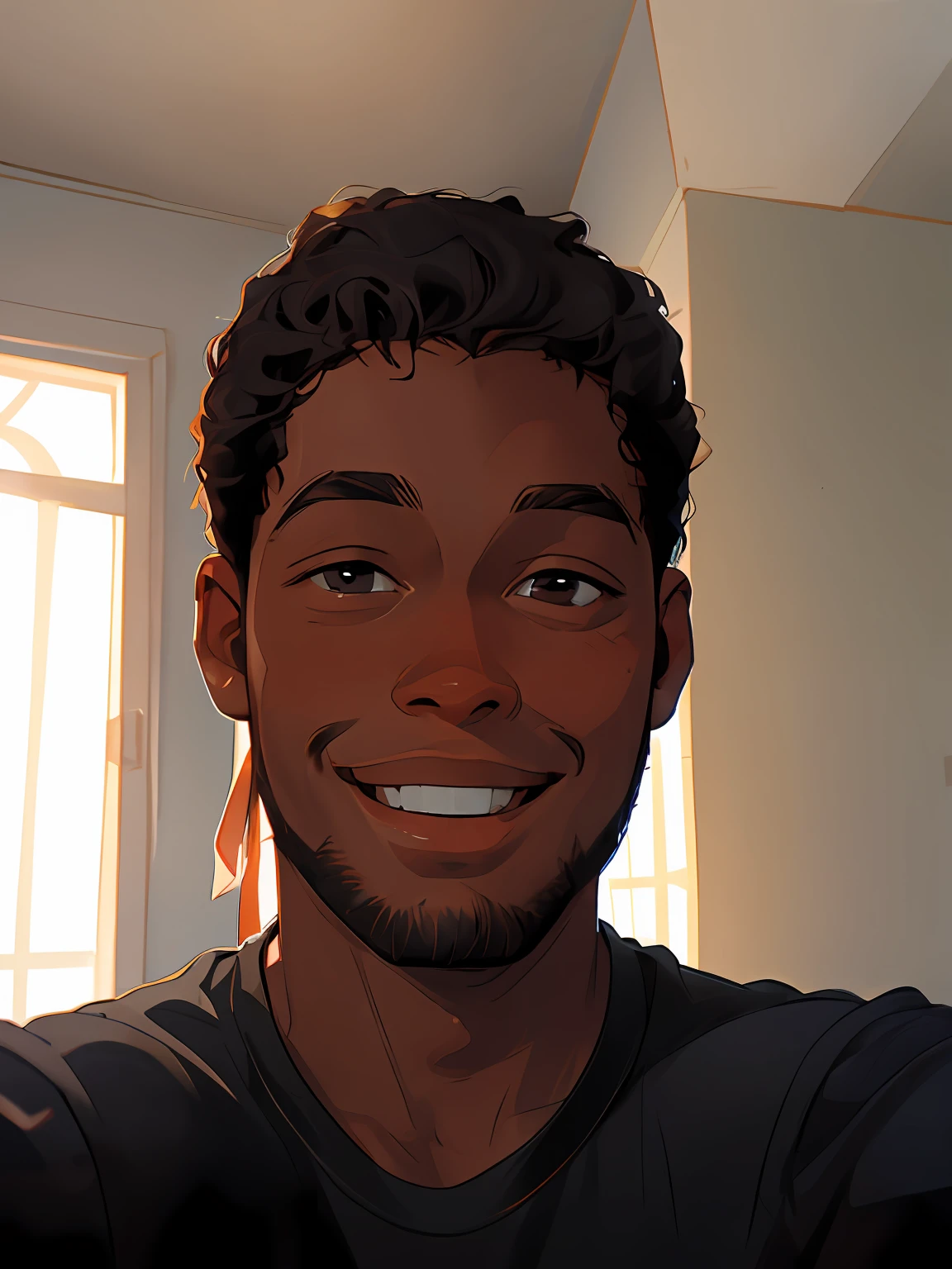 Smiling man in black shirt standing in a room, around 19 years old, taken in the early 2020s, no beard, selfie, head photo, smiling and looking directly at the camera, a black man with long curly hair, front image, wearing a black T-shirt