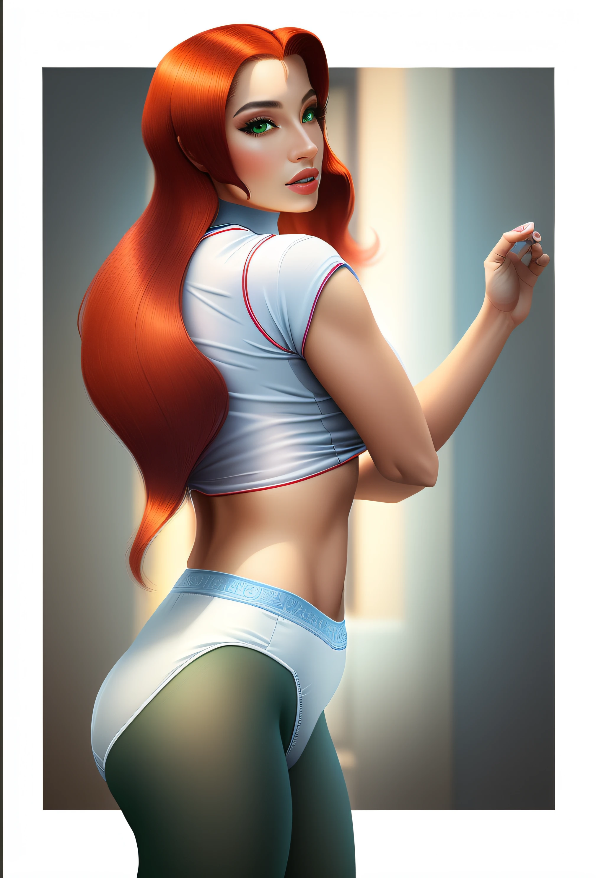Red haired Curvy Latina with green eyes in blue shirt and white cotton high cut panties, lifting shirt, realistic art style, intricate details