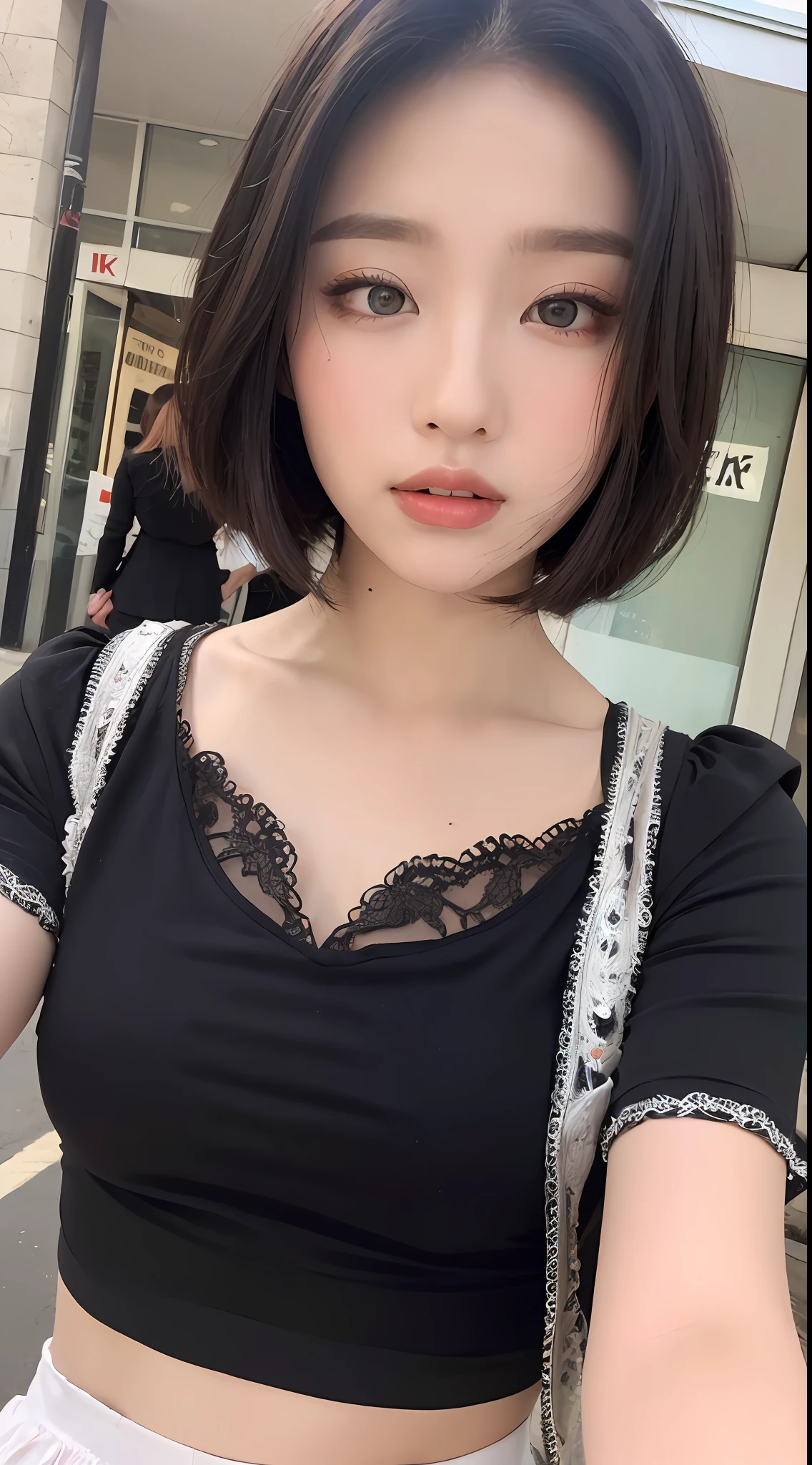 ((Best quality, 8k, Masterpiece :1.3)), Sharp focus:1.2, Perfect Body Beauty:1.4, Slim Abs:1.2, (Short Layered Hair:1.2)), (Red Lolita Clothing:1.1), (Street:1.2), Highly detailed face and skin texture, Detailed eyes, Double eyelids, White T-shirt
