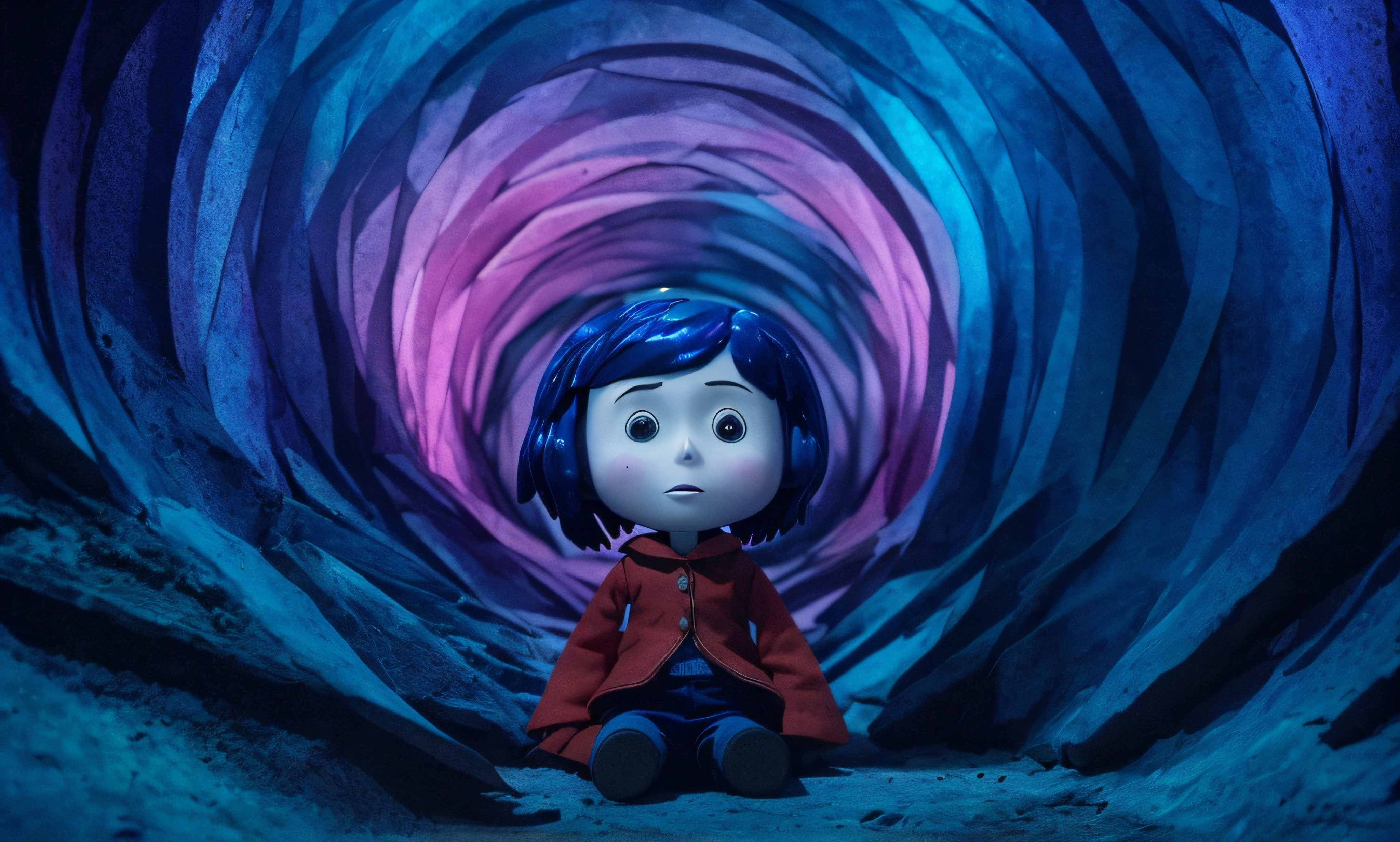 there is a doll that is sitting in a tunnel of blue and purple, coraline, the'other mother'from'coraline ', laika films, in a tim burton movie, dreamworks animated bjork, laika, animated movie still, animated film, a tim burton film, animated film still, still from animated horror movie, animated movie shot --auto
