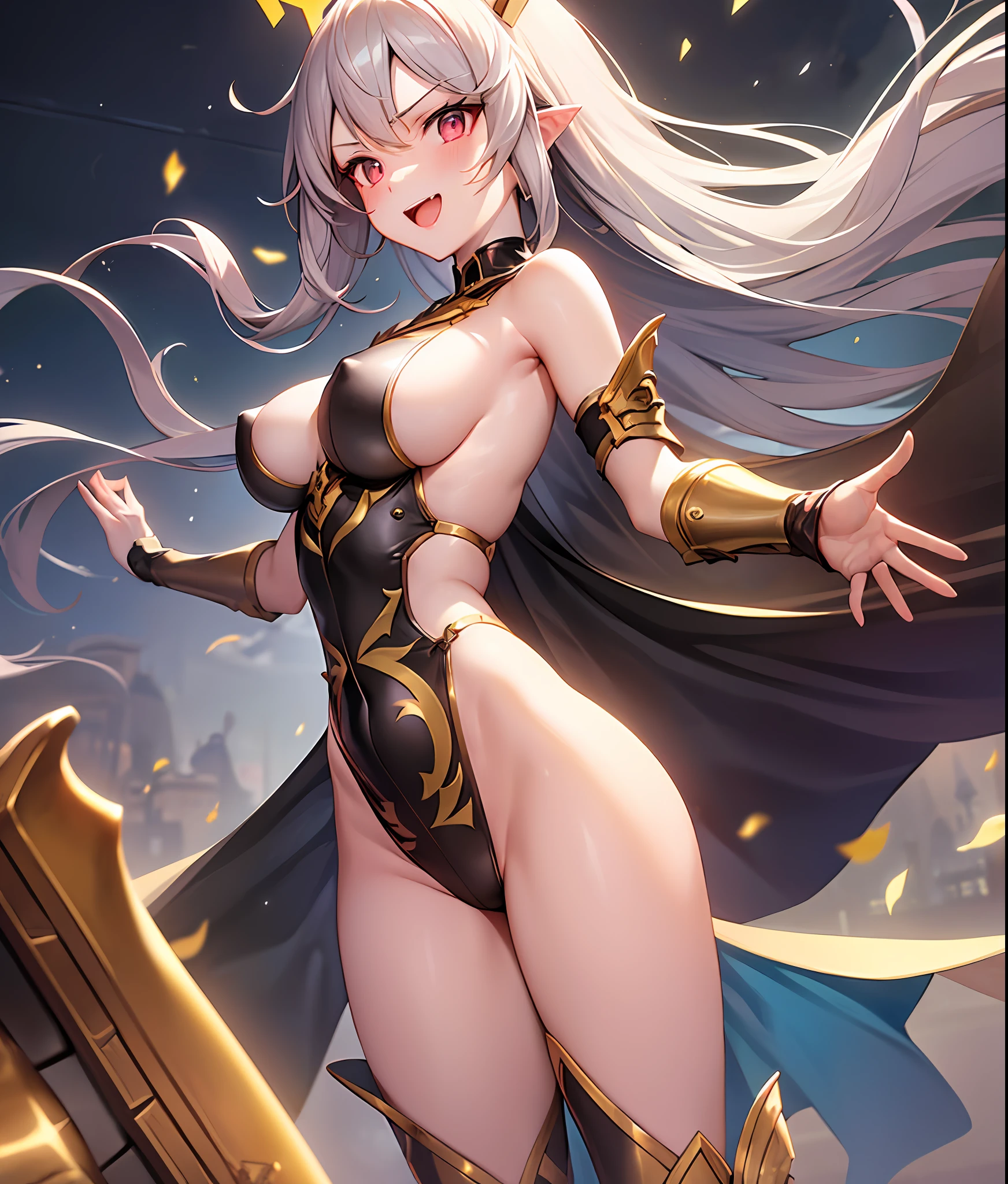 fantasy, 1angel_girl,child, ,dark_color_hair, medium_bob_hair, long_bangs, halo,bare_shoulder,thighhighs,silver_armor, waist_armor, large_breasts,angry,smile,open_mouth1pair_wings, dynamic_ pose_fighting,floating, bare_crotch, covered_nipples, covered_pussy,headgear,gauntlet, greaves, pelvic_curtain, city_sky_background,slightly_spread_legs, solo, groin_naked,(masterpiece, best quality, best quality, official art, beautiful and aesthetic:1.2), (1 girl), very detailed,