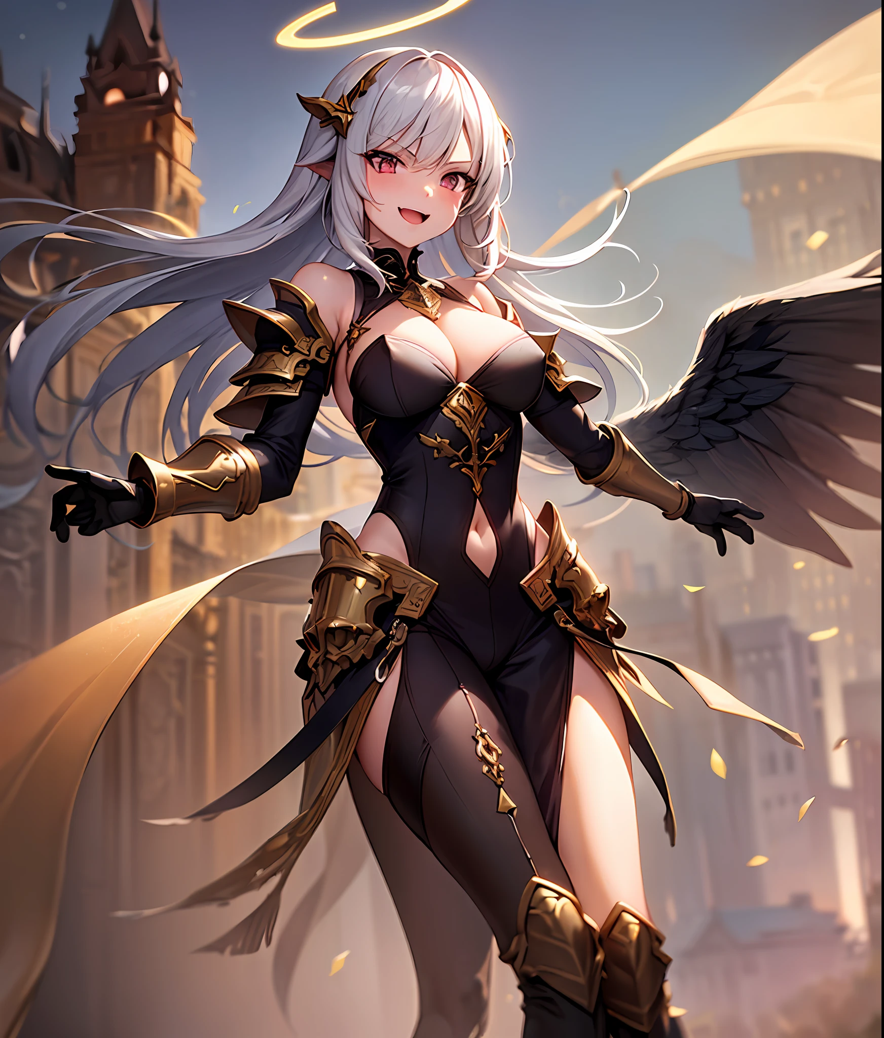 fantasy, 1angel_girl, loli,dk_color_hair, medium_bob_hair, long_bangs, halo,bare_shoulder,thighhighs,silver_armor, waist_armor, large_breasts,angry,smile,open_mouth1pair_wings, dynamic_ pose_fighting,floating, bare_crotch, covered_nipples, covered_pussy,headgear,gauntlet, greaves, pelvic_curtain, city_sky_background,slightly_spread_legs, solo, groin_naked,(masterpiece, best quality, best quality, official art, beautiful and aesthetic:1.2), (1 girl), very detailed,