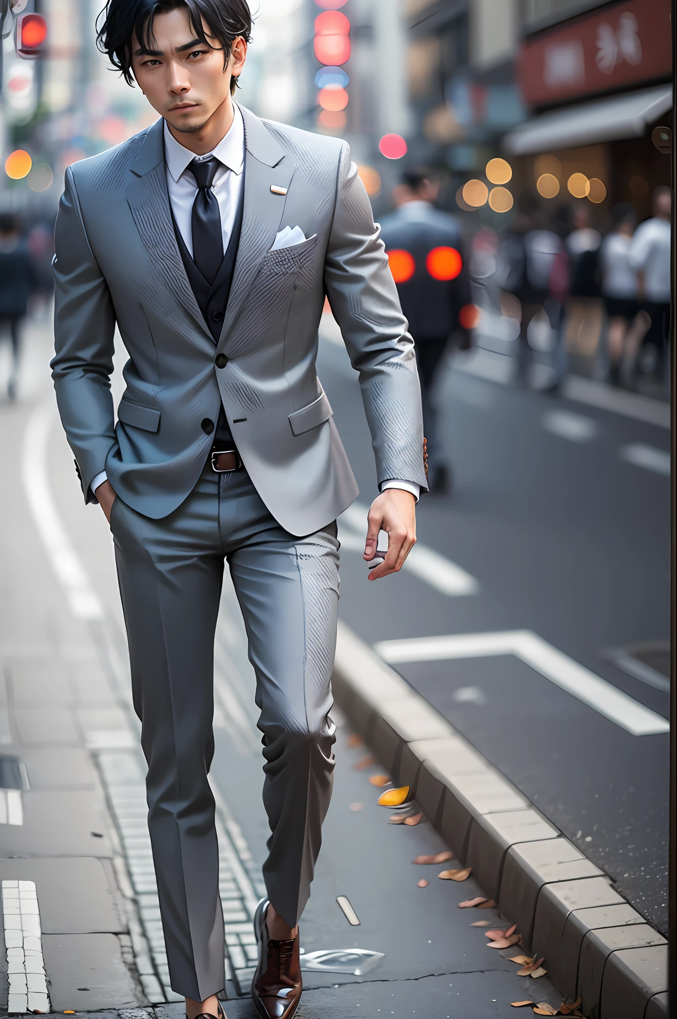 Man dressed in suit, thoughtful look of black hair, walking in the streets of tokio --auto --s2