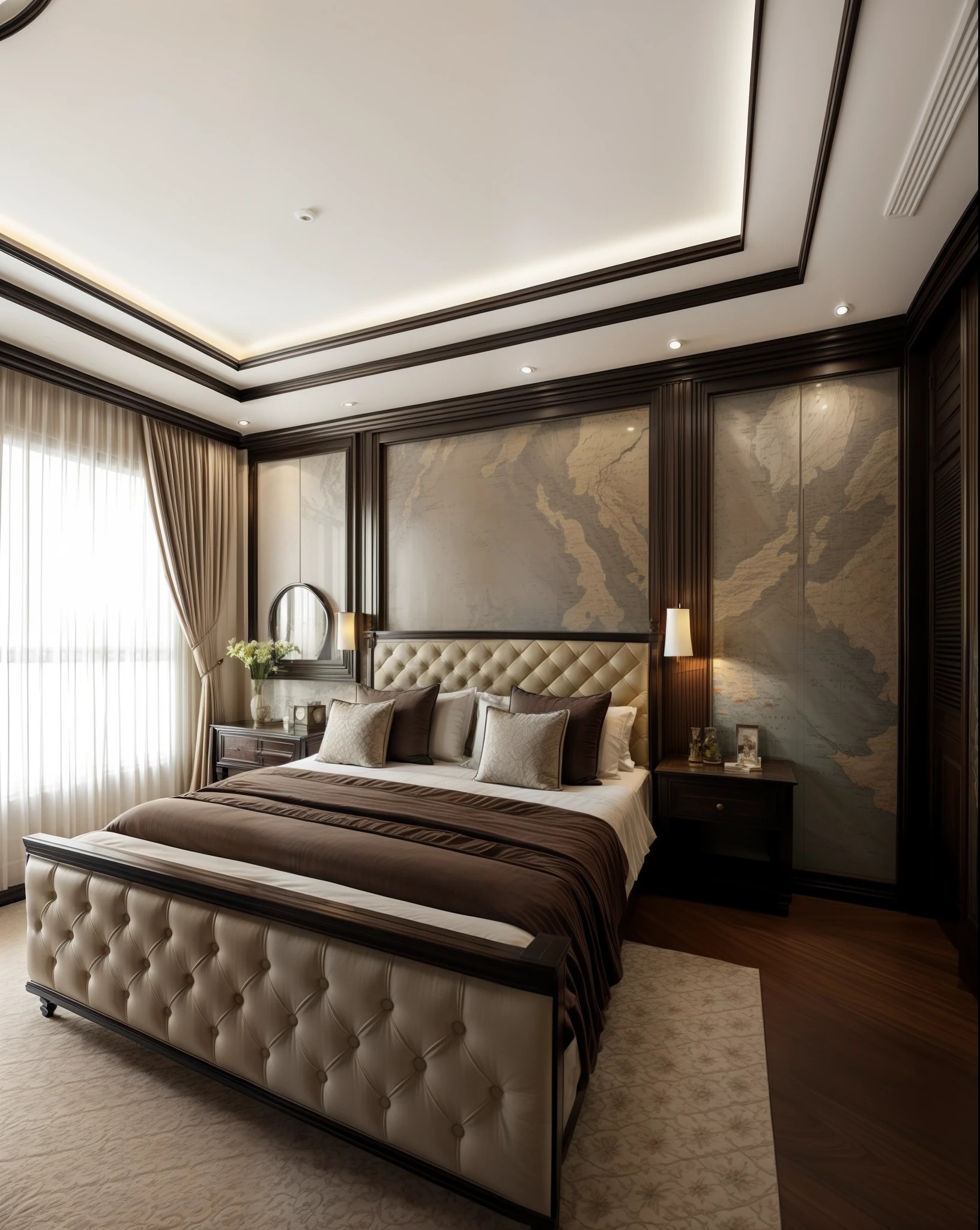 (indochina design bedroom:1.3), (photo realisstic:1.2), (supper detail:1.2),1bed, 1 chair, 1 big tropical poster on the wall, orange wall, indoor, whiten light, cinematic lighting