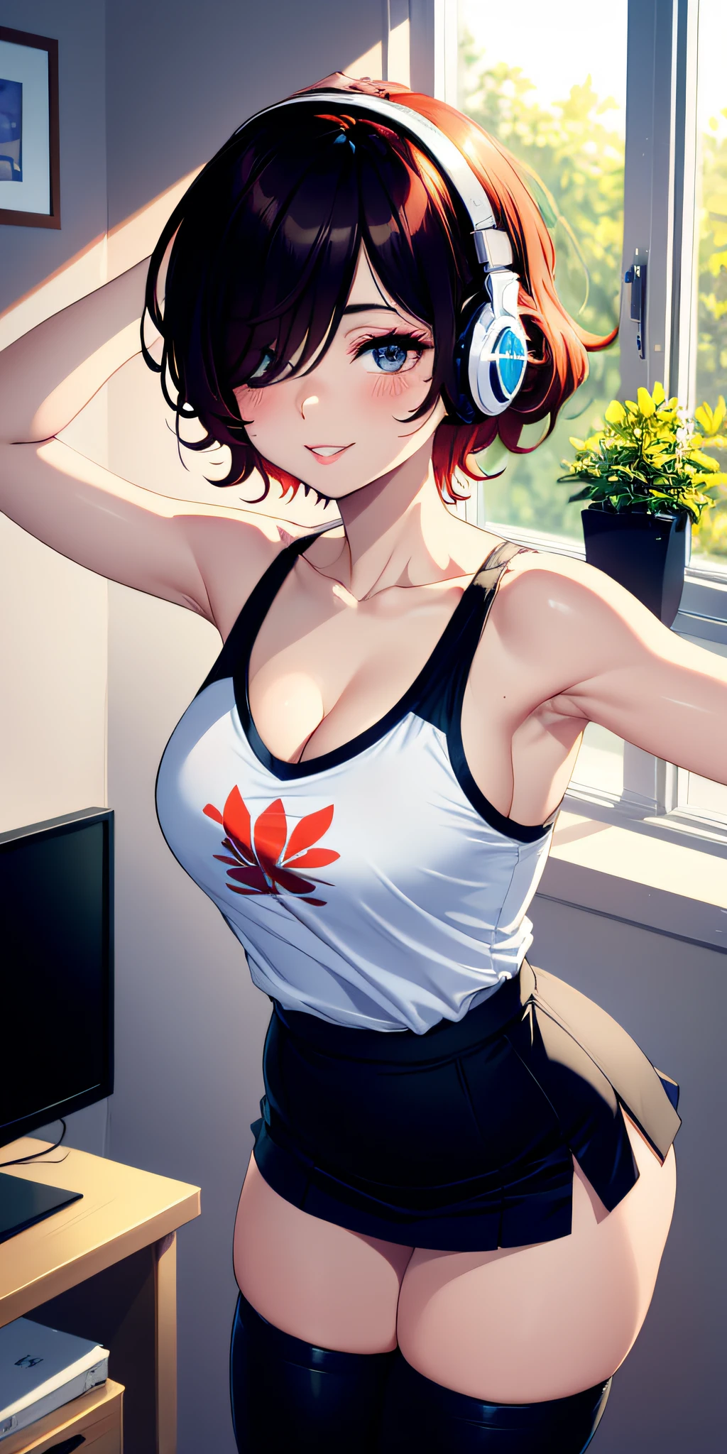 1girl, hair over one eye, split lips, blush, makeup, light smile, big hair, t-shirt, skirt, headphones, shine, thighs, black eye, bare shoulders, collarbone, narrow waist, bedroom, sunlight, flower, (masterpiece), underwear, plant vase, television, wallpaper, sunbeam,