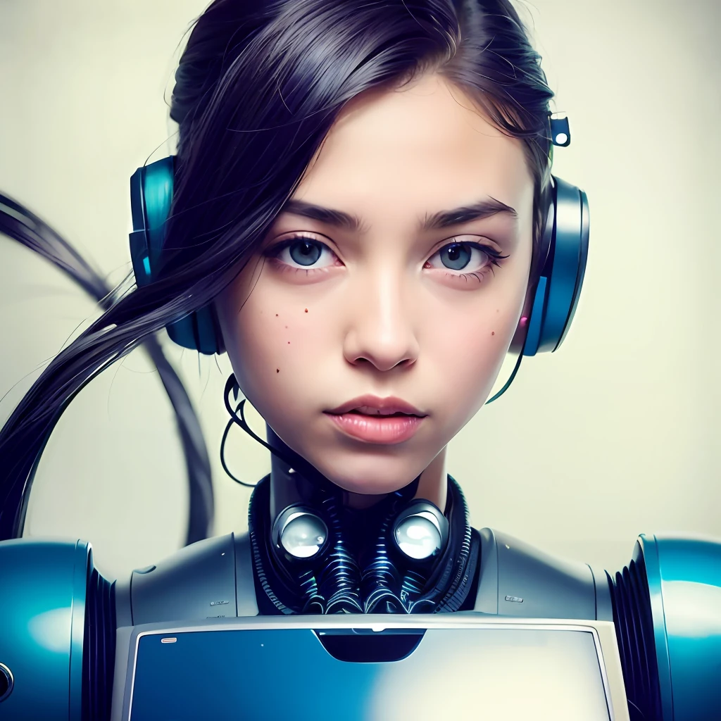 there is a woman with headphones on and a laptop, cute cyborg girl, cyborg - girl, beutiful girl cyborg, cyborg girl, beautiful cyborg girl, perfect android girl, portrait of a robot, young lady cyborg, beautiful android woman, portrait beautiful sci - fi girl, beautiful female android, robot girl, beutiful white girl cyborg