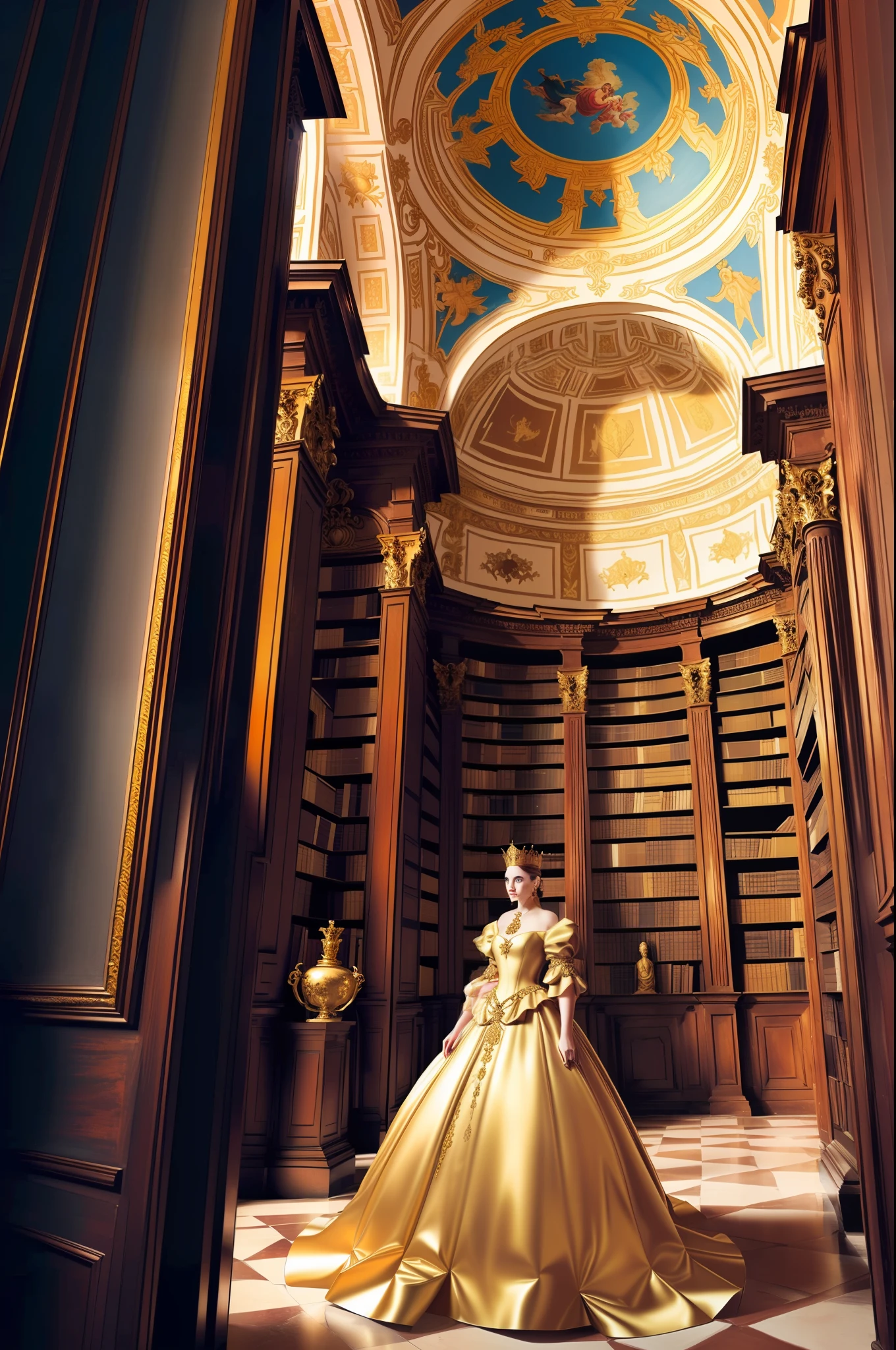 a queen in a golden dress in a baroque library with a painted roof