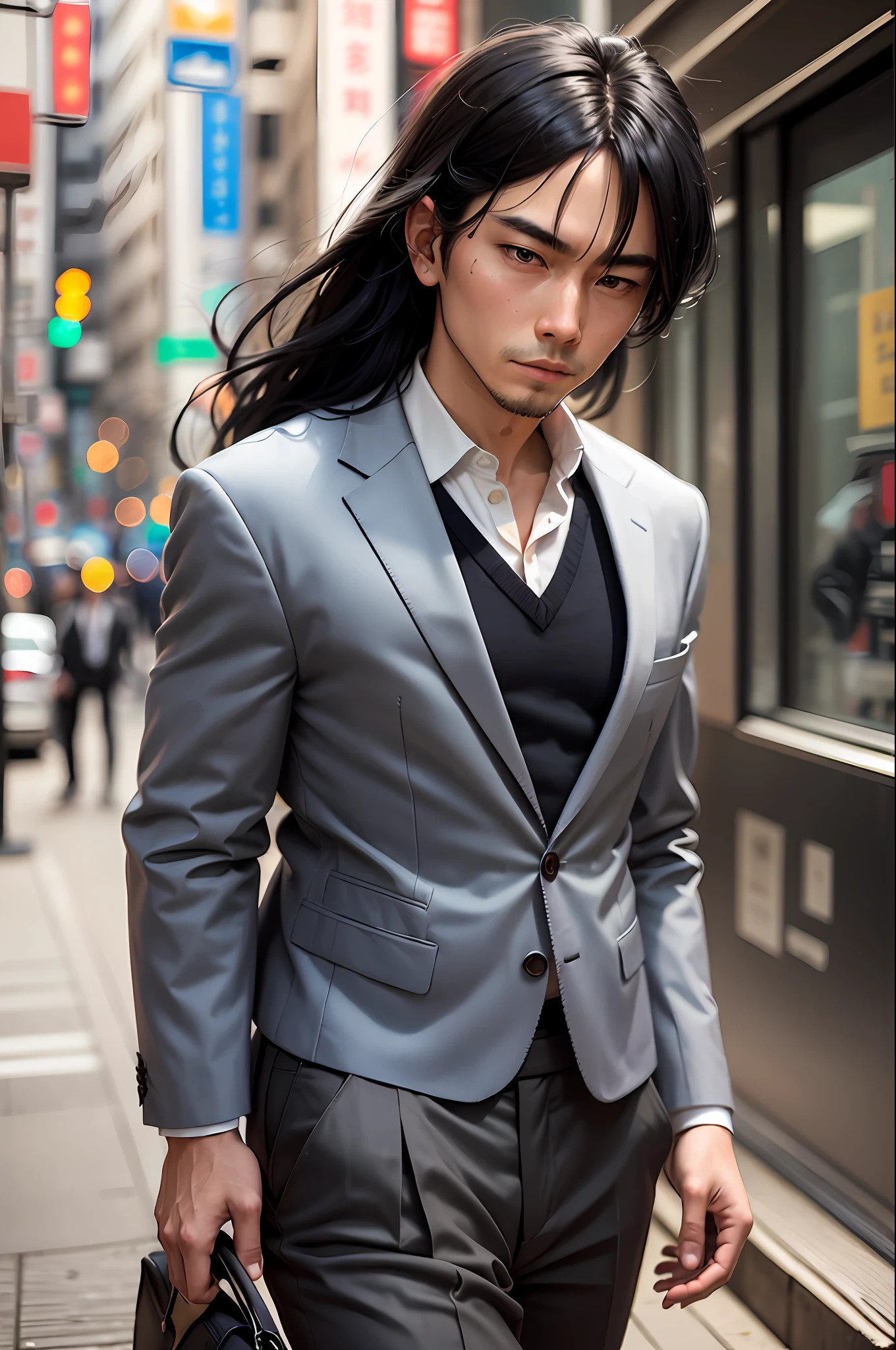 Man dressed in suit, thoughtful look of black hair, walking in the streets of tokio --auto --s2