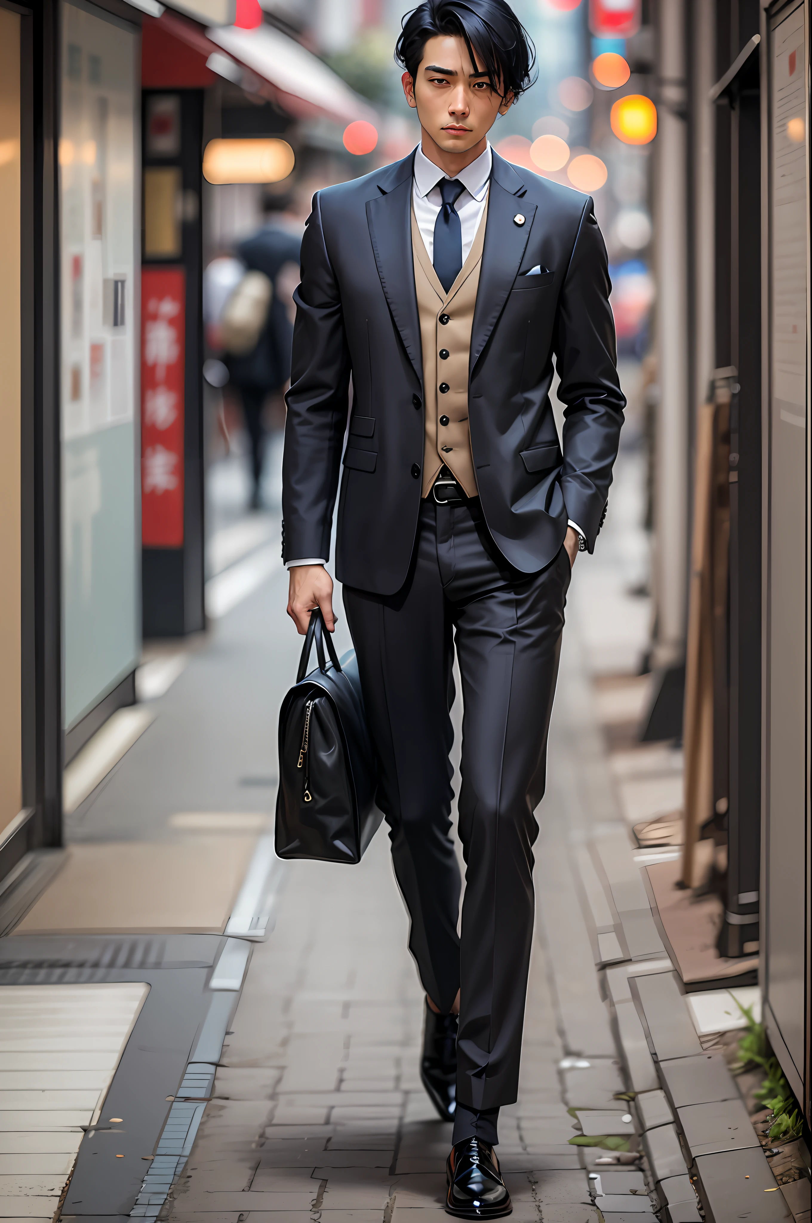 Man dressed in suit, thoughtful look of black hair, walking in the streets of tokio --auto --s2