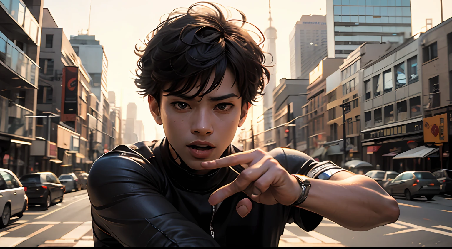 "Boy showing 2 fingers, hyper realistic." --auto