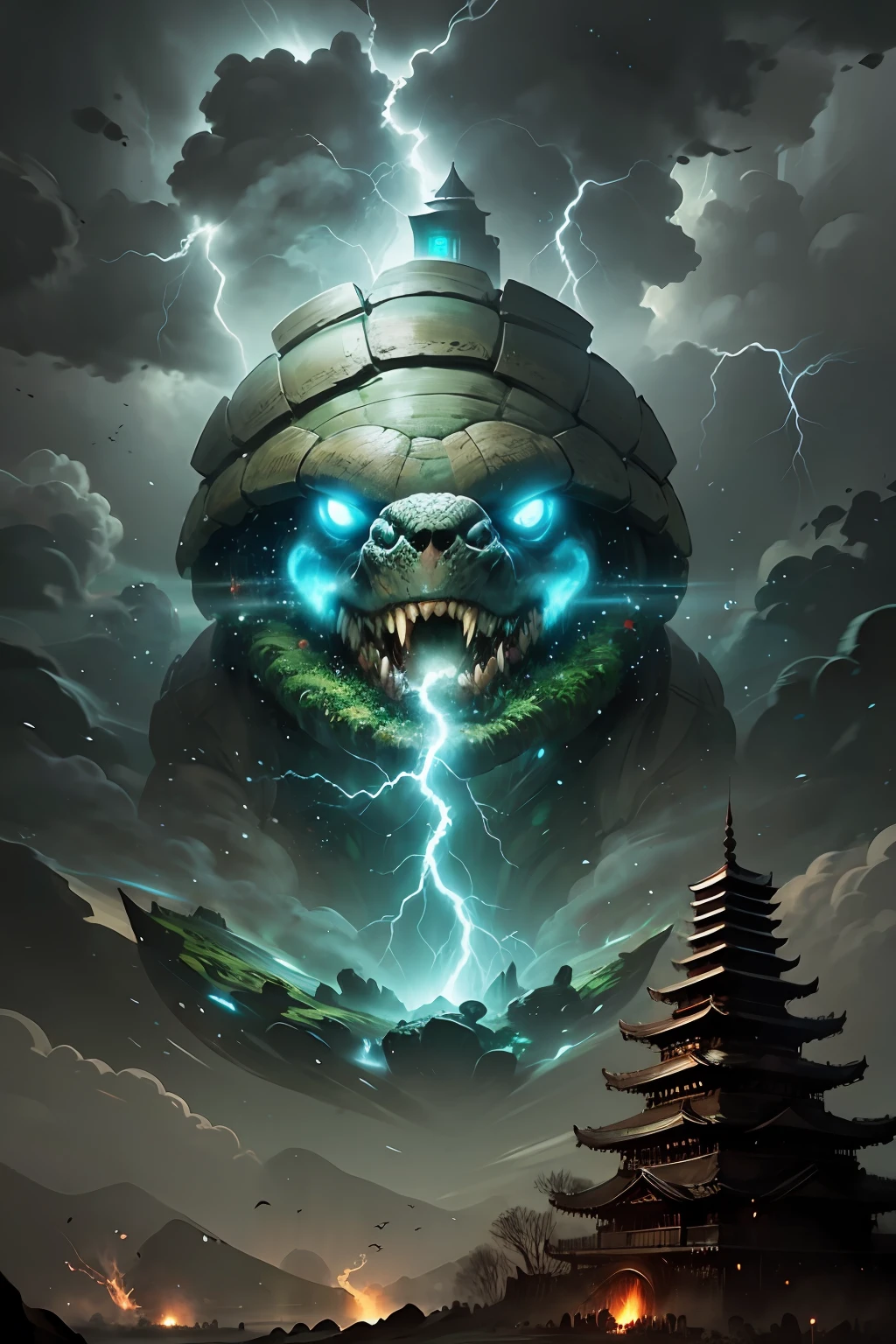 Giant tortoise carrying a ruined Buddhist temple, skull island monster, cinematic, gamera turtle carrying a temple, mythical Japanese monster, lightning in the sky, lightning in the eyes