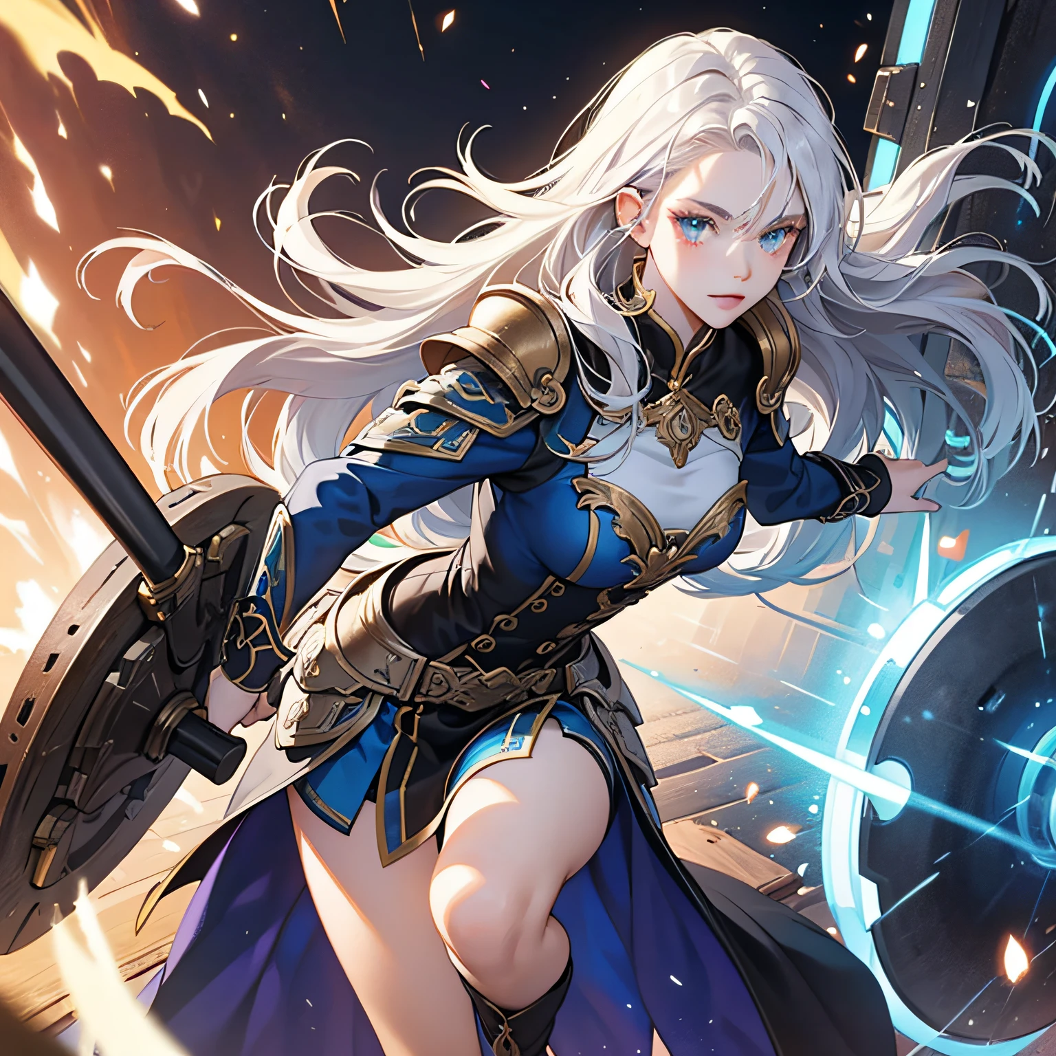 The character is a young woman of average height, with bright white hair that flows smoothly up to shoulder height. His eyes are large and bright, with an intense blue hue that captures the attention of everyone around him.

She has a clear and flawless skin, conveying a smooth and radiant appearance. His facial expression is sweet, but with a touch of determination and courage in his eyes.

Wearing a costume inspired by an anime armor style, she wears elegant, stylized armor. The metal plates are carved with intricate details and have a silvery sheen. The symbol on his shield is represented more artistically, with vibrant colors and muted contours.

The character maintains a graceful and athletic stance, highlighting her agility and combat skills. His anime design emphasizes his expressive facial features and delicate features, while enhancing the heroic aspect of his personality. --auto
