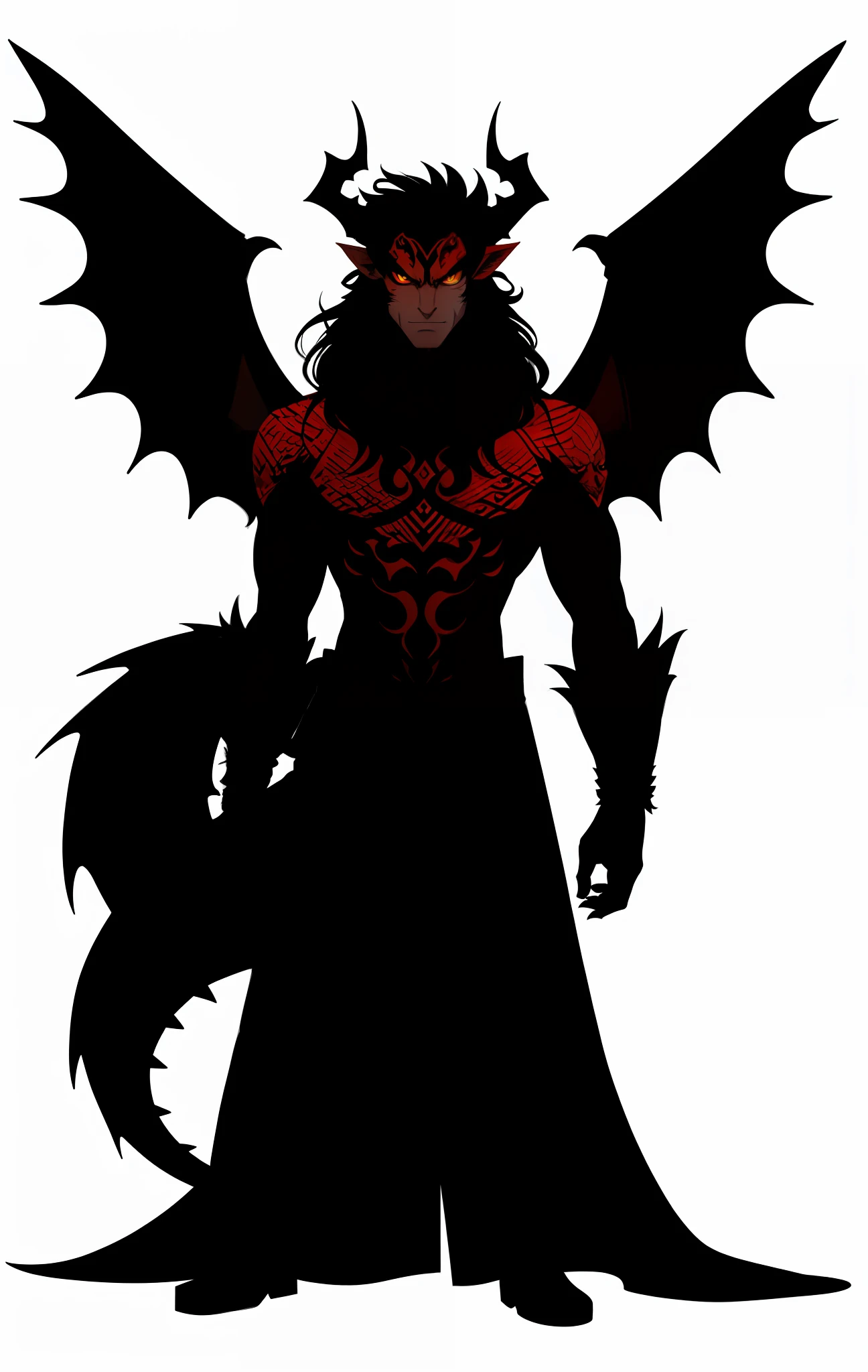 Chimera man with hair that resembles a mane, with three eyes on the left side of the face, dragon wings and with fox tail, evil look, young, scales on the shoulders, horns