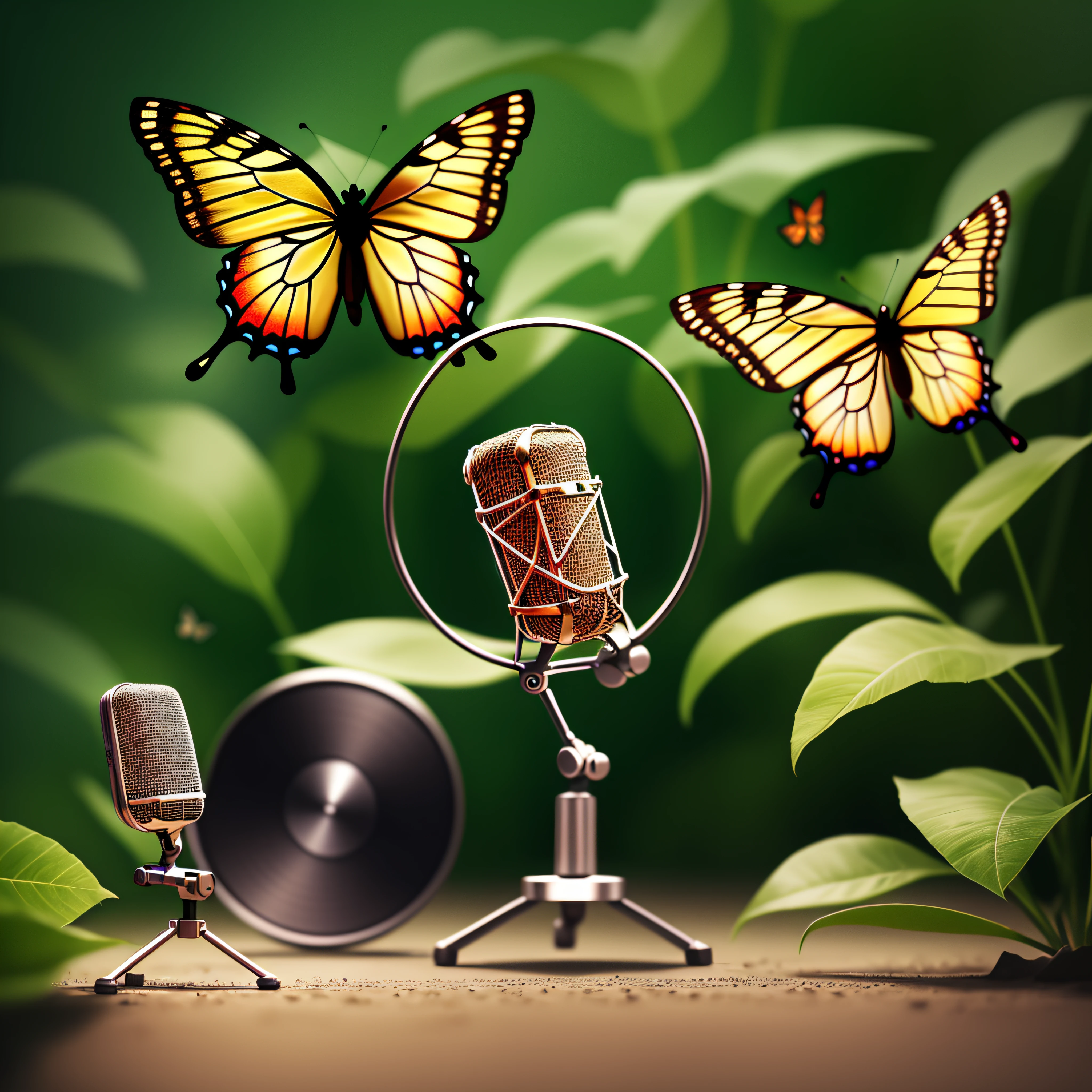 Poster ad microphone word "CANTO" background diffuse colors, realistic, intricate details, butterflies flying around, musical notes, vegetation floor, digital art, American propaganda poster, cinematic lighting, blurry foreground, f/1.8, high quality
