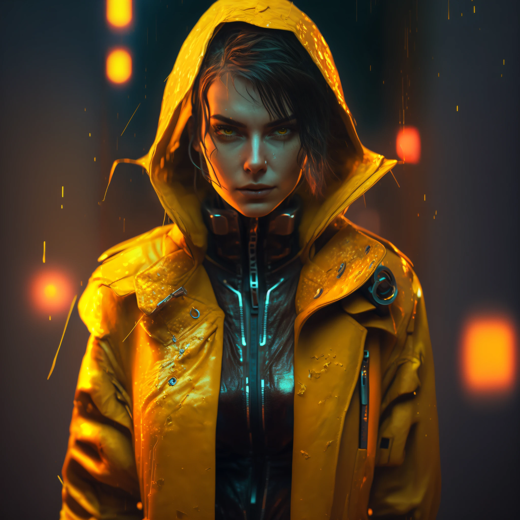 A closeup of a person in a yellow raincoat, Wojtek FUS, ultrarealistic 8K cyberpunk art, trend in ArtStation 4K, CGSetivity 8K, CGSetivity 8K, CGSetivity 8K, 3D render character art 8K, Cyberpunk Anime Girl in Hoodie, Cinematic Beeple, Hyper-realistic Cyberpunk style, real and sharp details