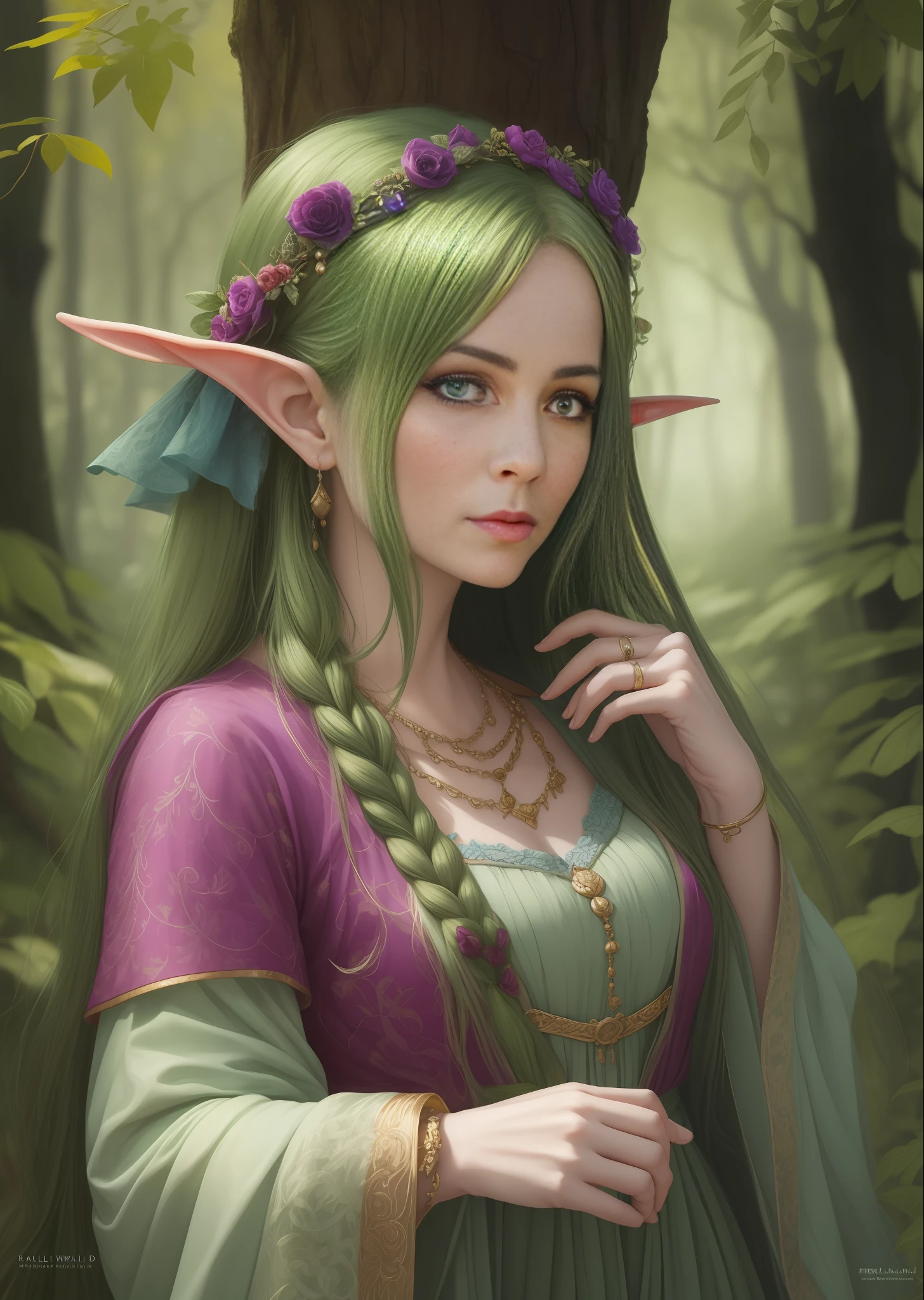 Immerse yourself in the colourful world a wistfull fae grandmother posed with her hair long in the forest, in the style of fantasy elements, baroque animals, bill gekas, light emerald and dark beige, chiaroscuro portraitures, goblin academies , uhd image in the style of mythic storytelling, yigal ozeri, frederick mccubbin, dark green and magenta, karen wallis, kushan empire, craftcore Photographed by David bailey using Hasselblad’s flagship mirrorless medium format camera X2D 100C. 1000mps ,bold vibrant colours