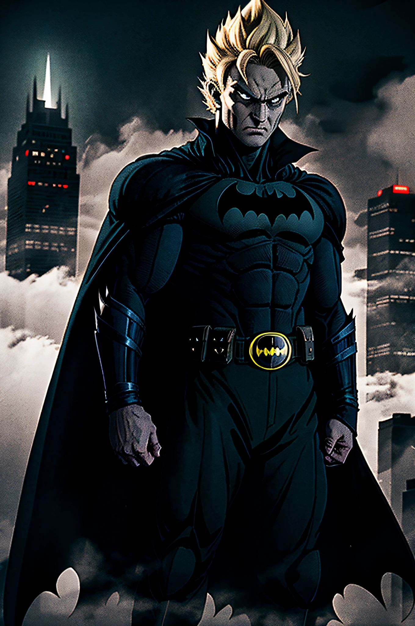 son goku, 1boy, brave, blonde hair, batman dress, batman, furious, white eyes, male focus, muscular, dark city, solo, spiky hair, super saiyan 1, ((masterpiece)), best quality, dark, terror, dramatic light, gothan city, black batman cape, fog