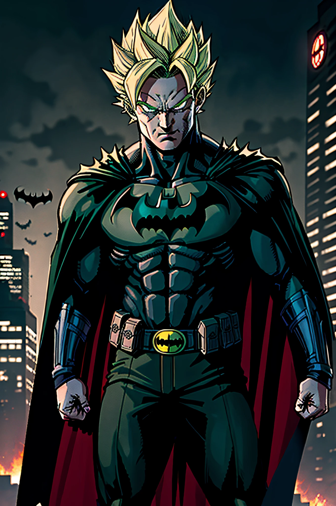 son goku, 1boy, brave, blonde hair, batman dress, batman, furious, green eyes, male focus, muscular, dark city, solo, spiky hair, super saiyan 1, ((masterpiece)), best quality, dark, terror, gothan city, black batman cape