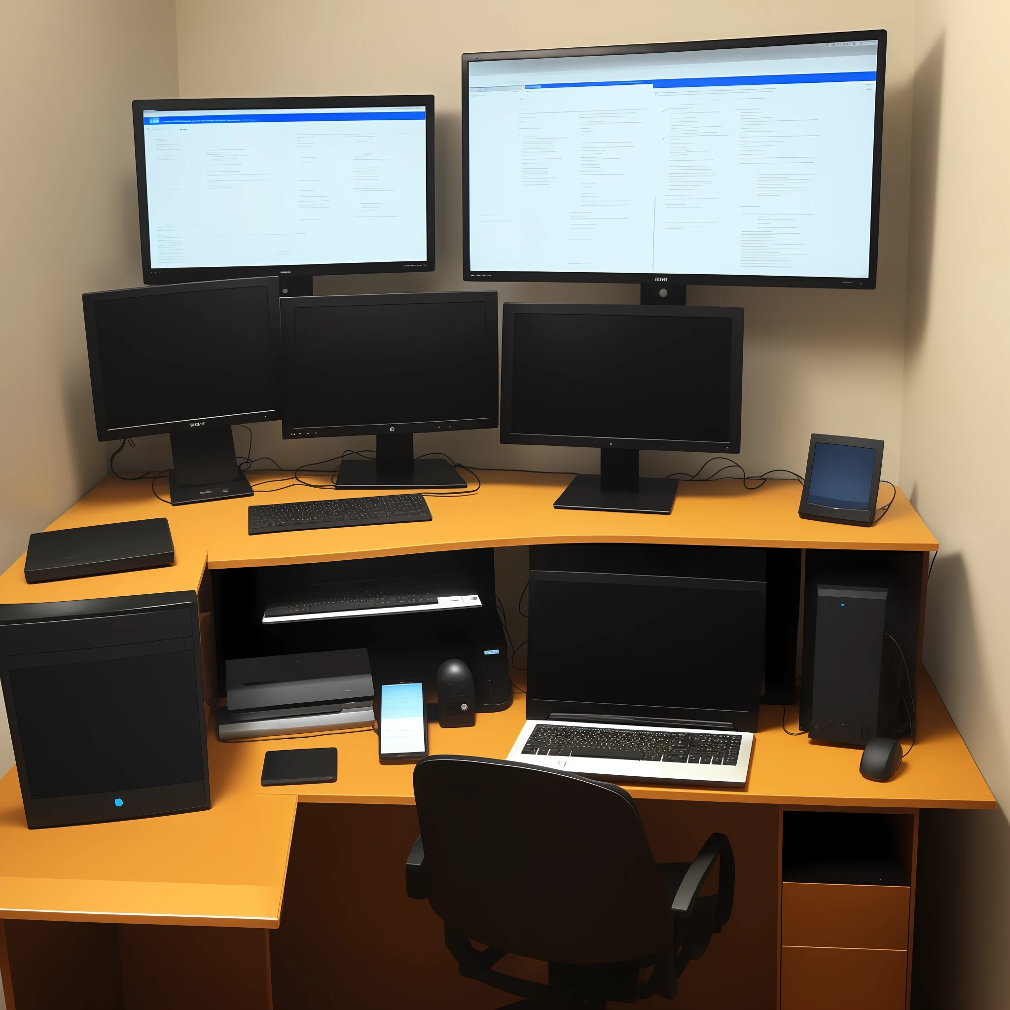 There is a large computer monitor on top of a desk of a beautiful and well-equipped law firm.