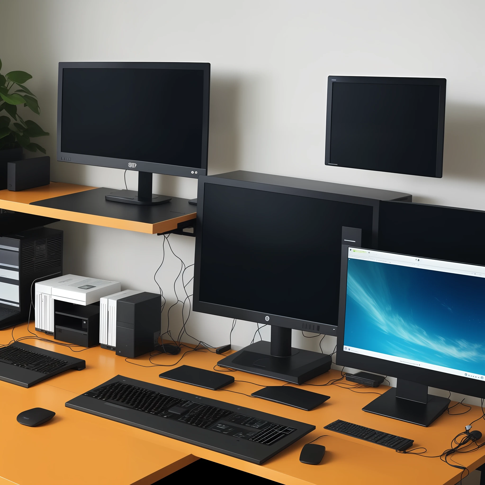 There is a large computer monitor on top of a desk of a beautiful and well-equipped law firm.