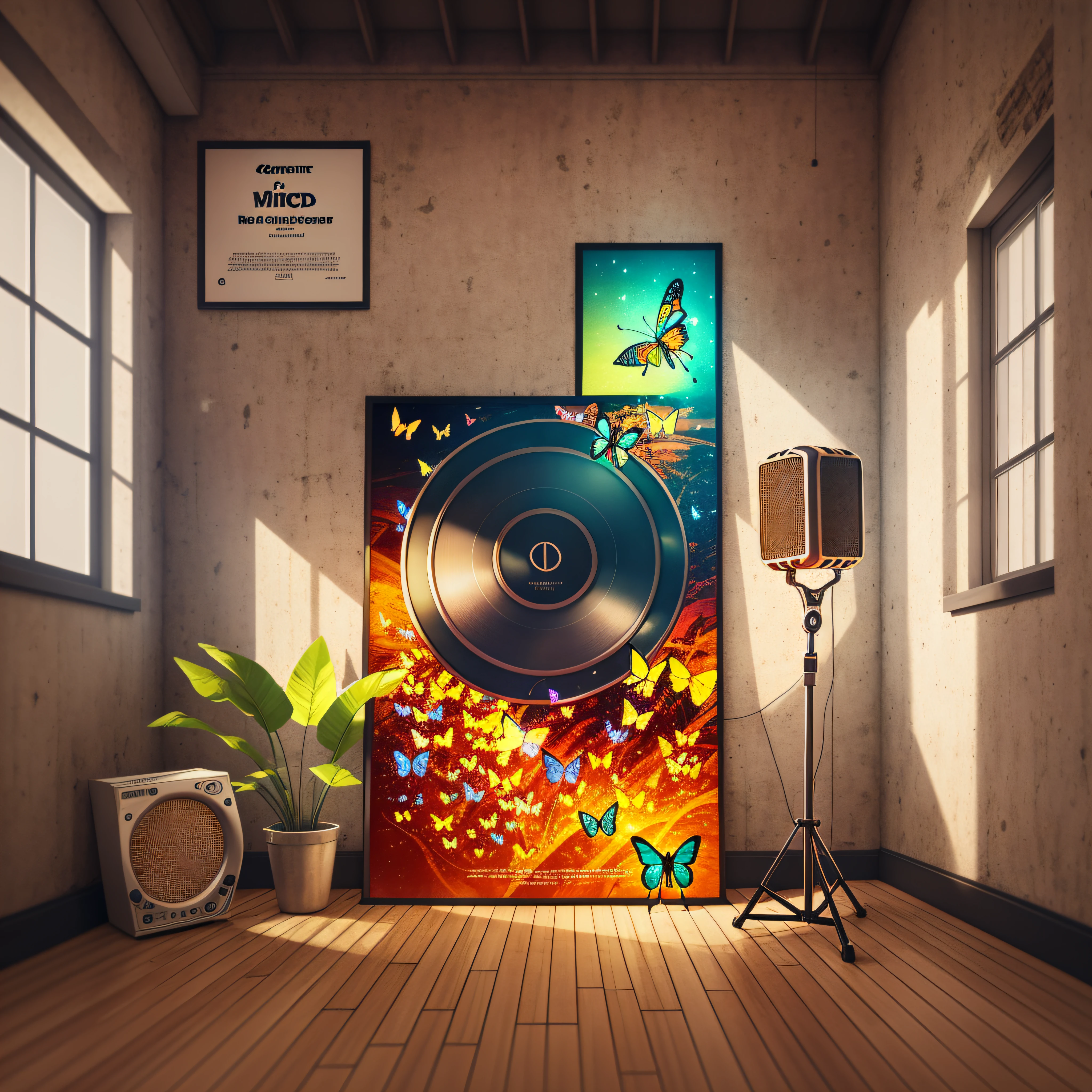 Poster ad microphone word "CANTO" background diffuse colors, realistic, intricate details, butterflies flying around, musical notes, vegetation floor, digital art, American propaganda poster, cinematic lighting, blurry foreground, f/1.8, high quality