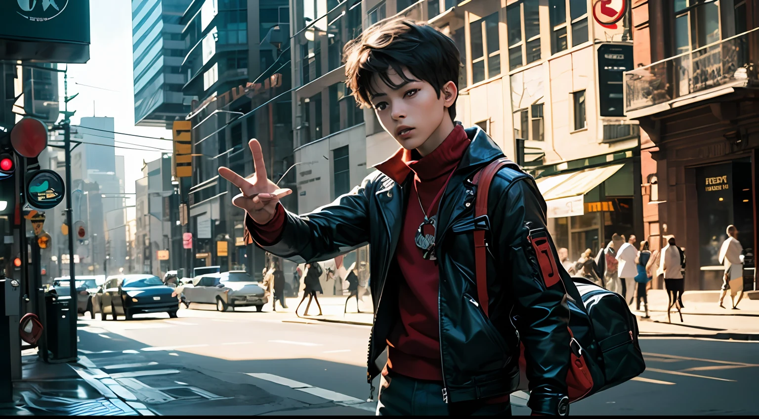 "Boy showing 2 fingers, hyper realistic." --auto