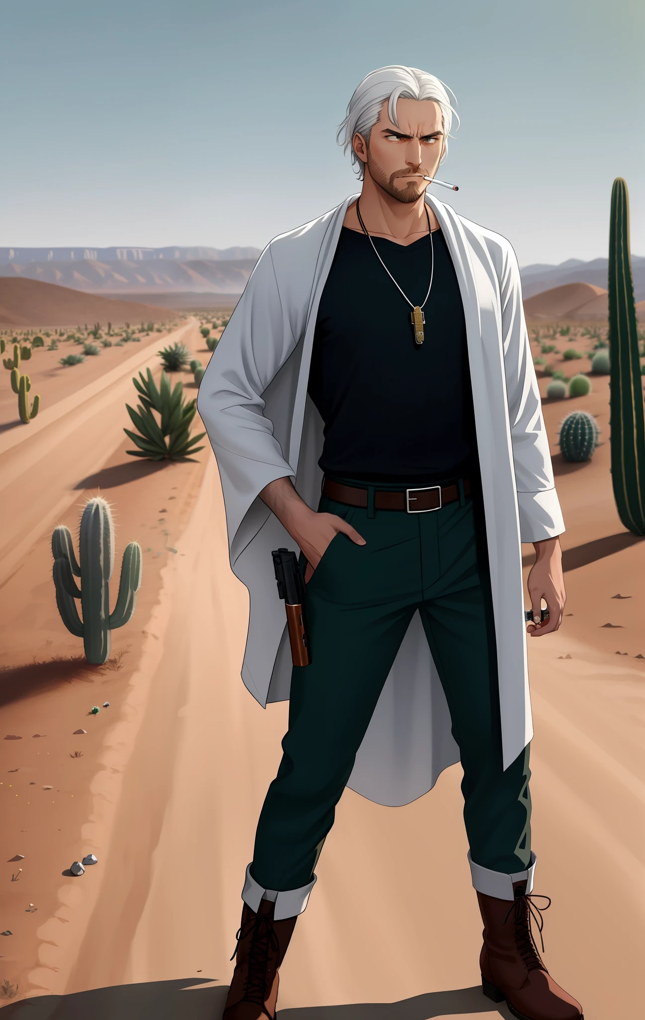 35-year-old man, white hair, beard to do, face of boredom, serious face, anger, wearing a black long-sleeved shirt, a white poncho, pants and boots, western, in a desert, with cacti around, with a cigarette in hand, gun projectile necklace, 1870s year old clothes, hat