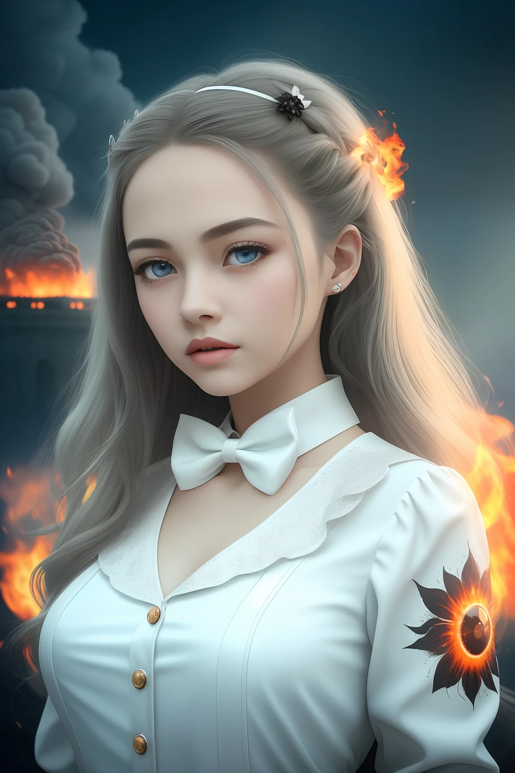 masterpiece, best quality, illustration, {beautiful detailed girl}, beautiful detailed brightness, (flames of war: 1.2), (nuclear explosion conceal: 1.3), rain, detailed lighting, detailed water, (beautiful detailed eyes: 1.1), expressionless, palace, blue hair, shaggy hair, long bangs, hair between eyes, (white and gray dress: 1.1), black ribbon, white bow tie, diaphragm, big forehead, empty look, flower, long sleeves high quality and ultra detailed 8k