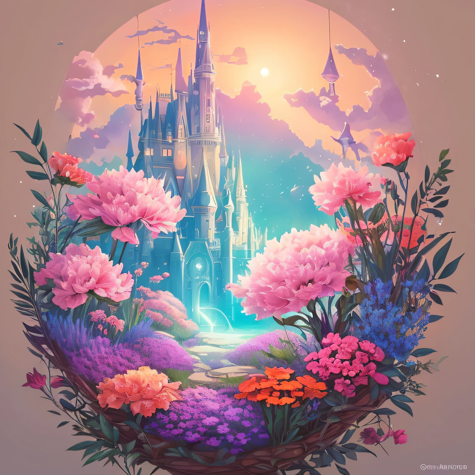 A flower, cartoon illustration, in a gradient of pastel colors, Immerse yourself in a mystical world full of magical elements --auto