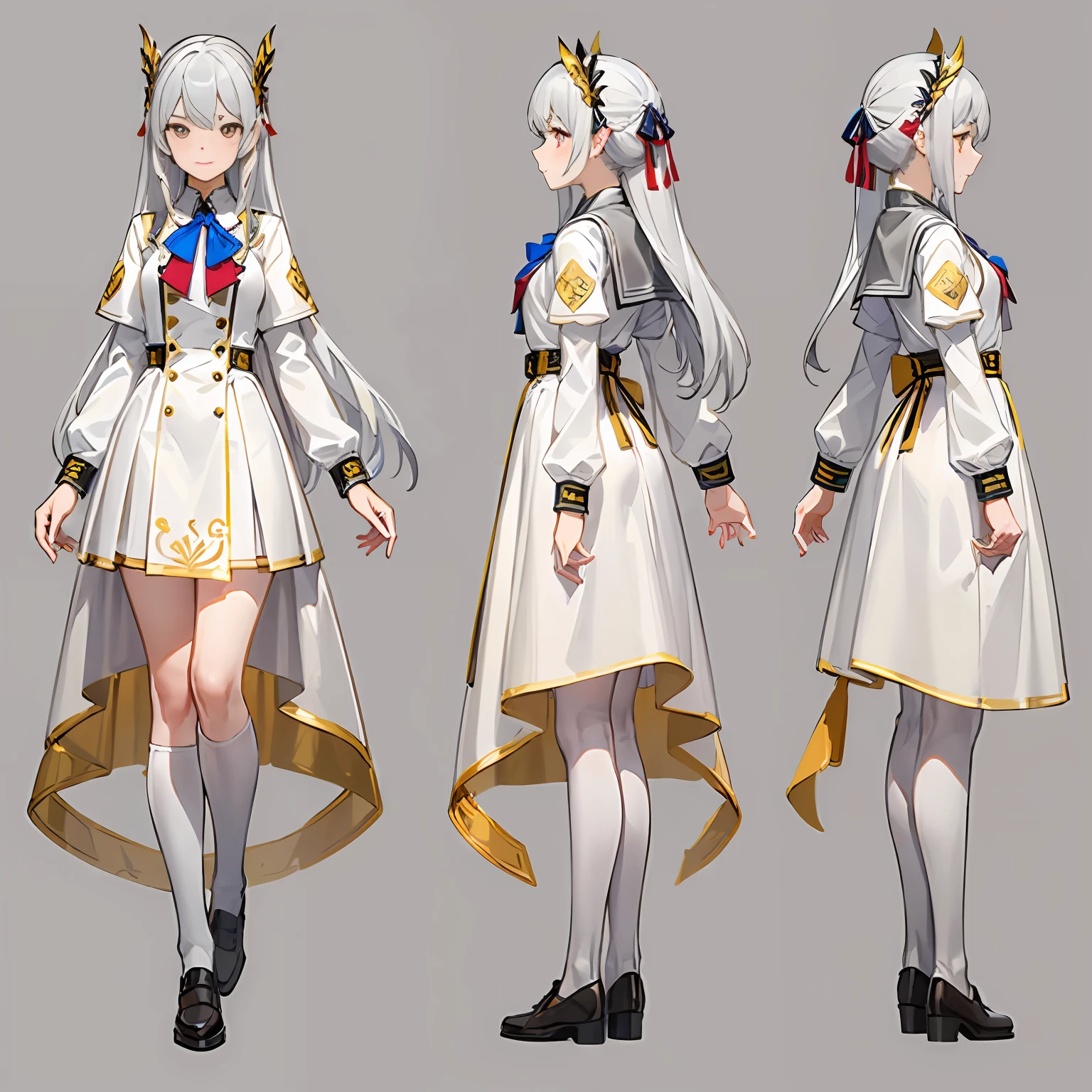 ((((gray background,)))), full body, school uniform, front view, side view, rear view, golden eyes, glowing pupils, delicate headdress, long straight white hair, ribbon, jewelry, light smile, uniform dress, (reference table), UHD, ccurate, super detail, award-winning, high detail, best quality, 8k