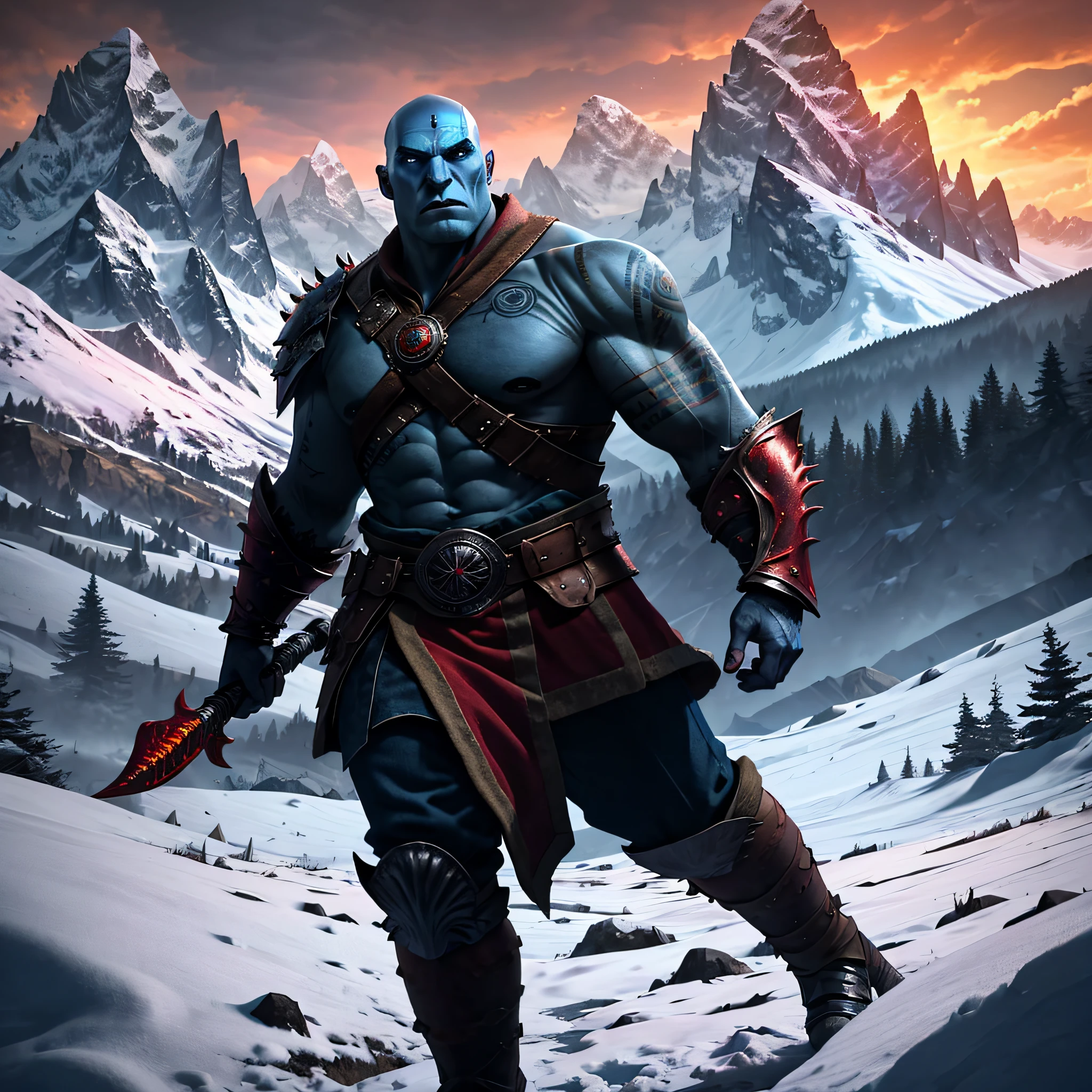 Big and bald man, blue skin with red tattoos, snowy mountain scenery, no beard, dramatic lighting, piercing look, whole body, warrior, great quality, best quality, detailed image