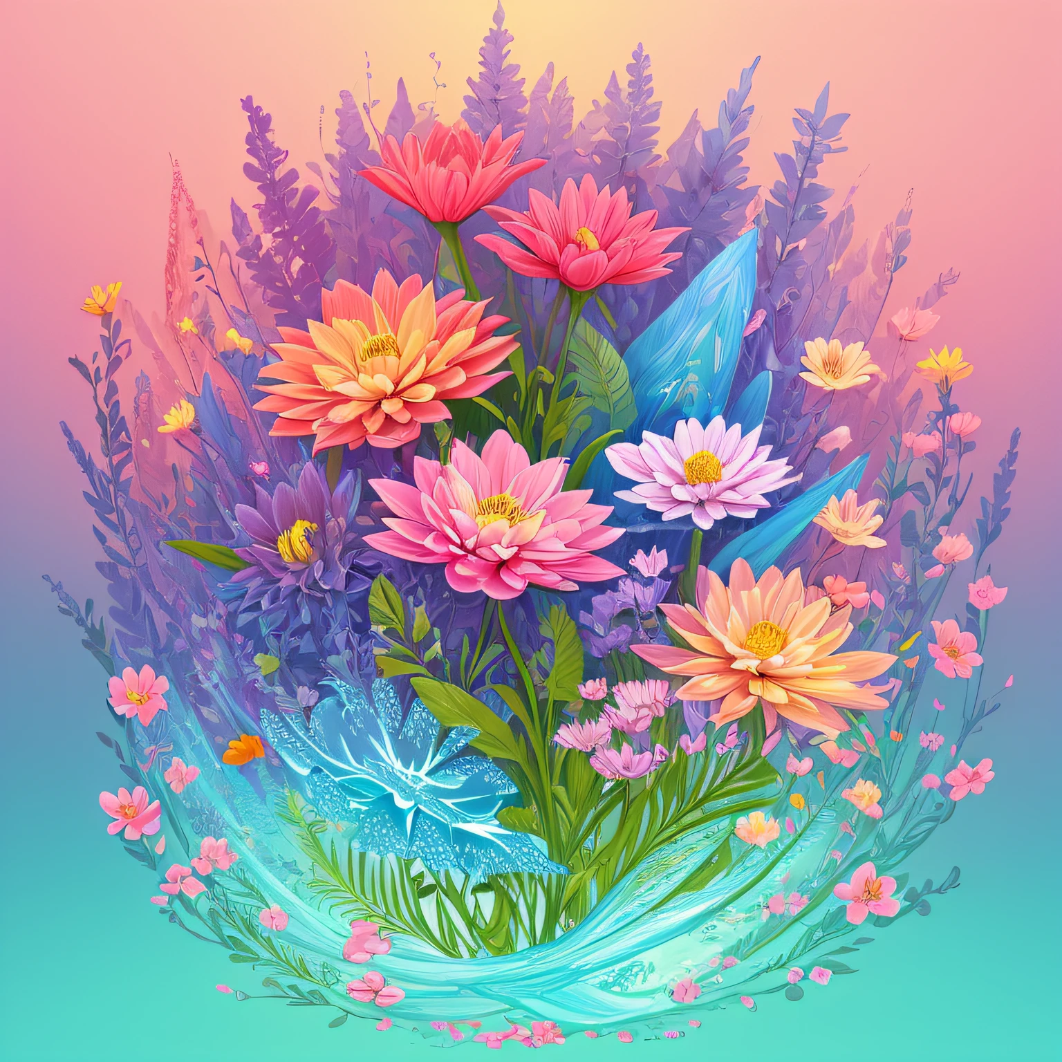 A flower, cartoon illustration, in a gradient of pastel colors, Immerse yourself in a mystical world full of magical elements --auto