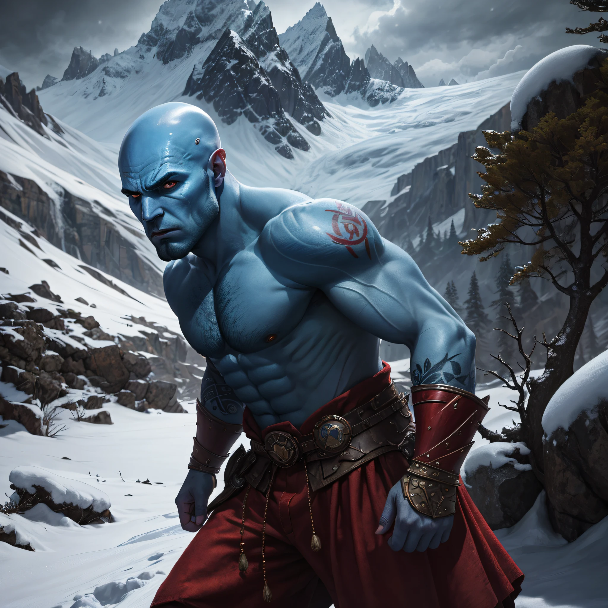 Big and bald man, blue skin with red tattoos, snowy mountain scenery, no beard, dramatic lighting, piercing look, whole body, warrior, great quality, best quality, detailed image