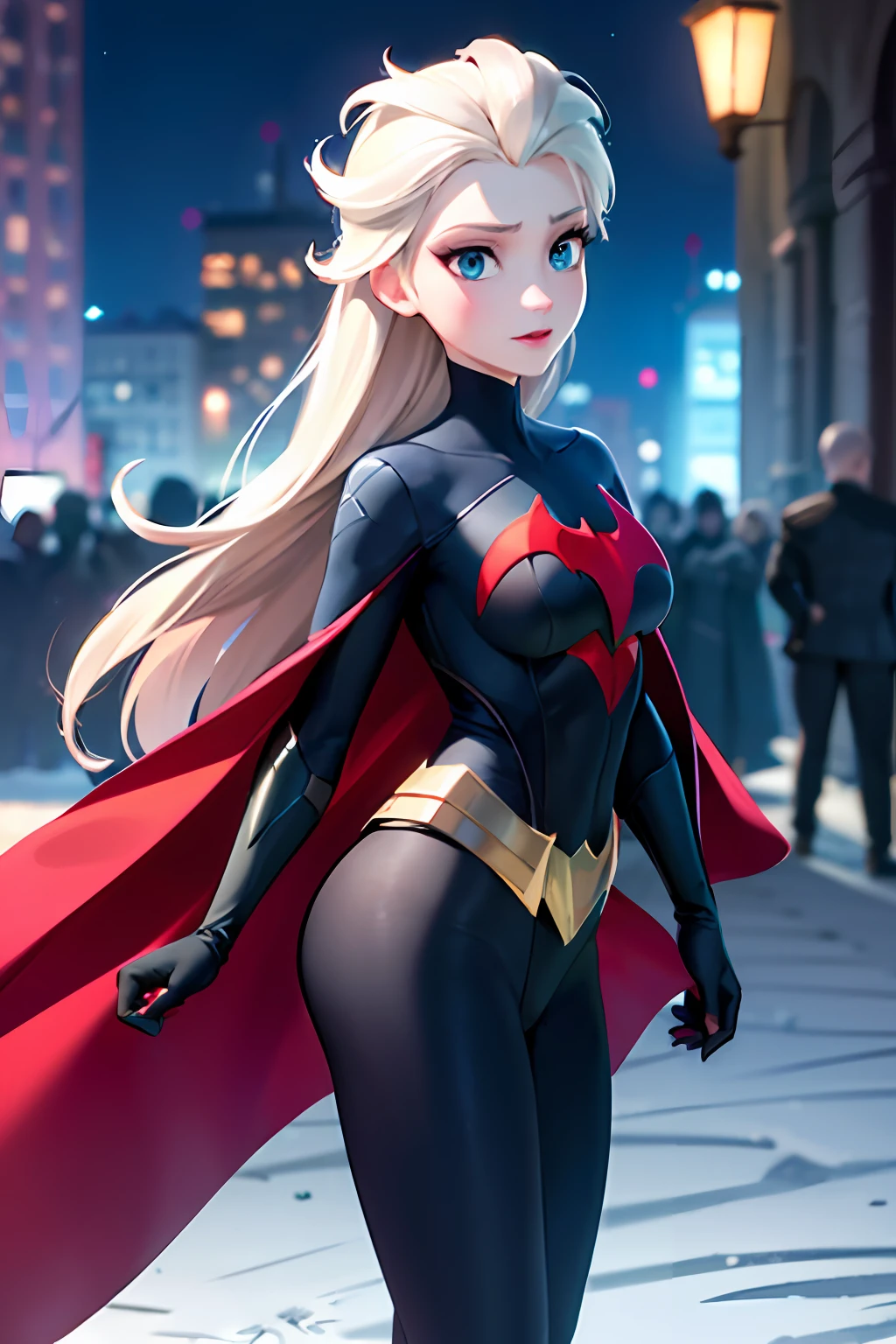 (masterpiece:1.4), (best qualit:1.4), (high resolution:1.4), elsa of arendelle, long hair, batwoman, batgirl, batman suit, dark city background, blue and black suit, blue bat symbols, full black batman costume, winter