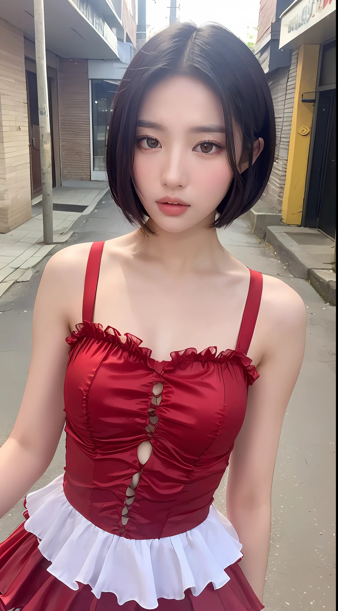 ((Best quality, 8k, Masterpiece :1.3)), Sharp focus:1.2, Perfect Body Beauty:1.4, ((Layered short hair:1.2)), (Red Lolita outfit:1.1), (Street:1.2), Highly detailed face and skin texture, Detailed eyes, Double eyelids,